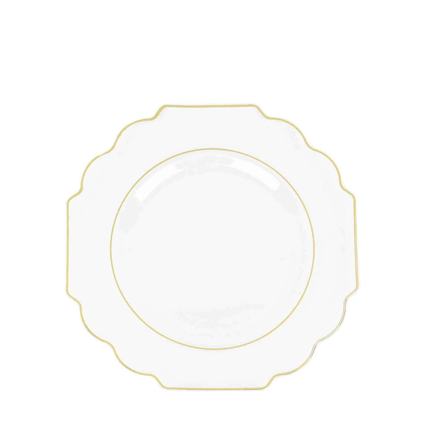 10-Pack Plastic Dessert Appetizer Plates in Clear Baroque Design with Scalloped Gold Rim - Heavy Duty Disposable Salad Plates 8"