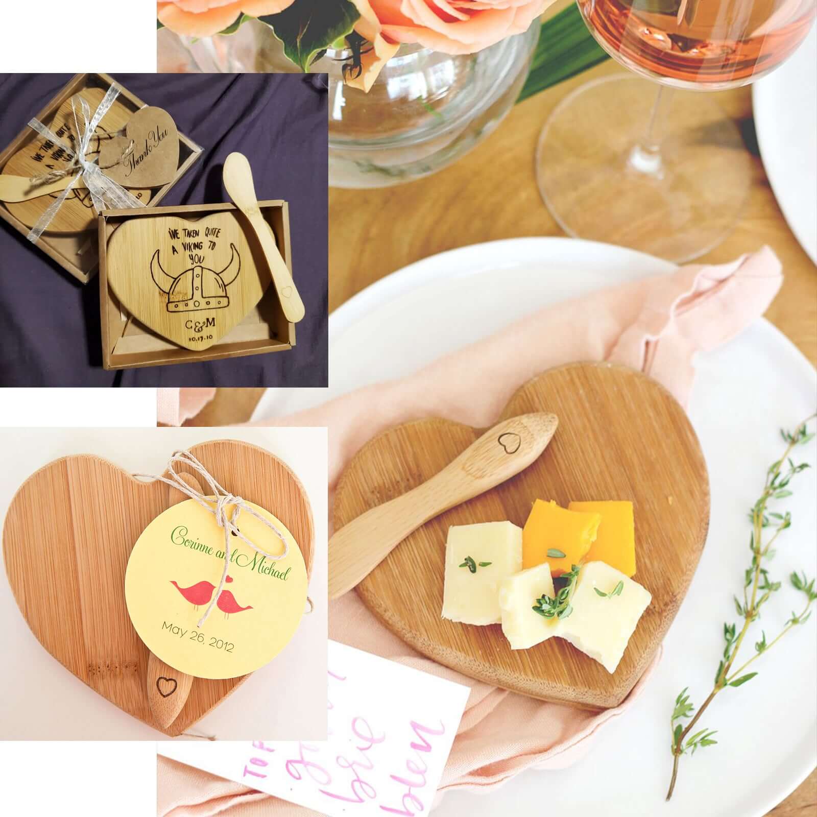 Heart Shaped Bamboo Brie Cheese Board and Knife Set Party Favor with Clear Gift Box, Ribbon & Thank You Tag - Linen Luxes