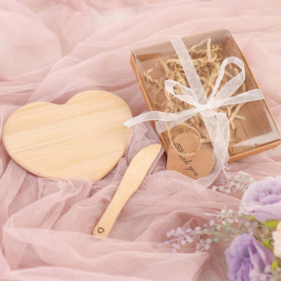 Heart Shaped Bamboo Brie Cheese Board and Knife Set Party Favor with Clear Gift Box, Ribbon & Thank You Tag - Linen Luxes