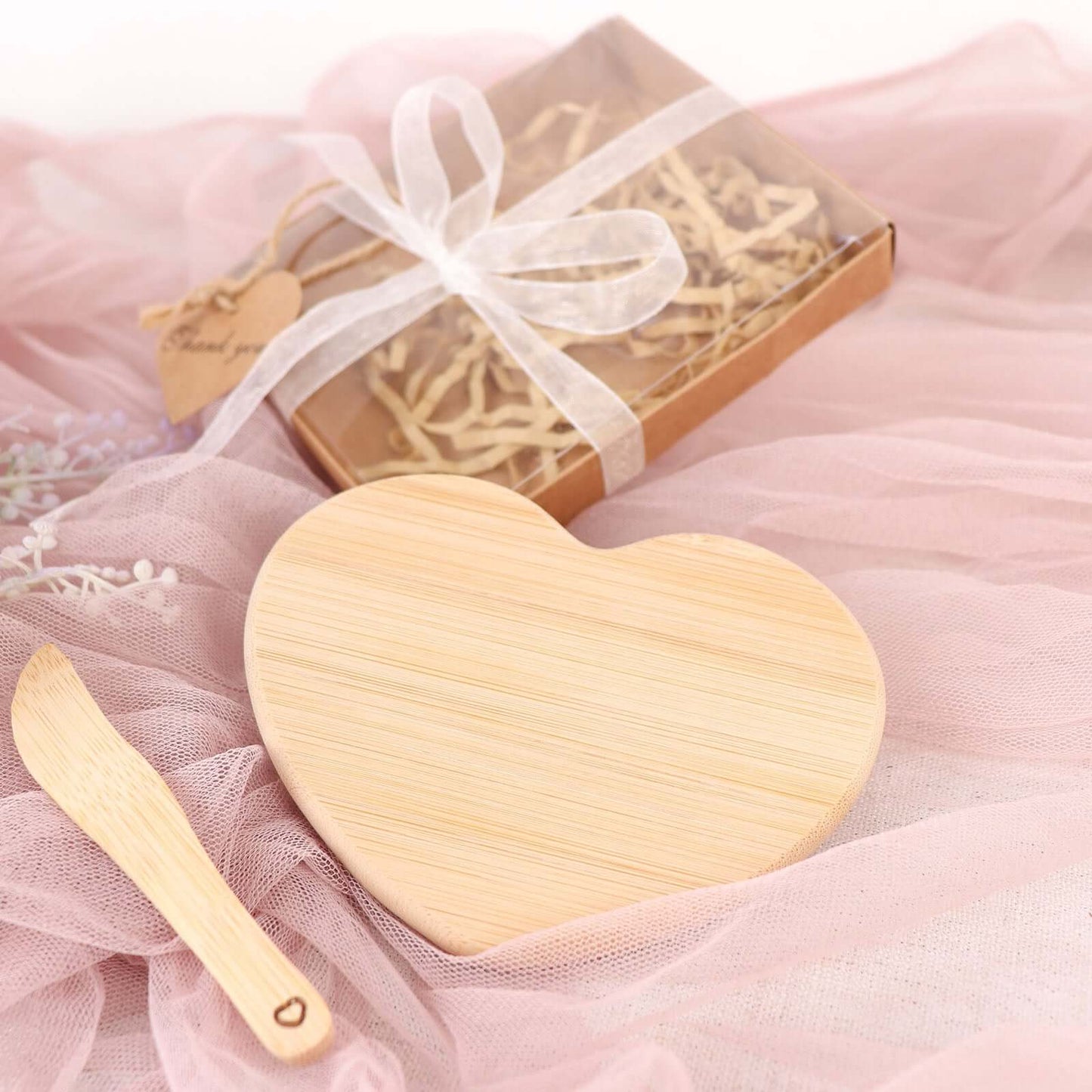 Heart Shaped Bamboo Brie Cheese Board and Knife Set Party Favor with Clear Gift Box, Ribbon & Thank You Tag - Linen Luxes
