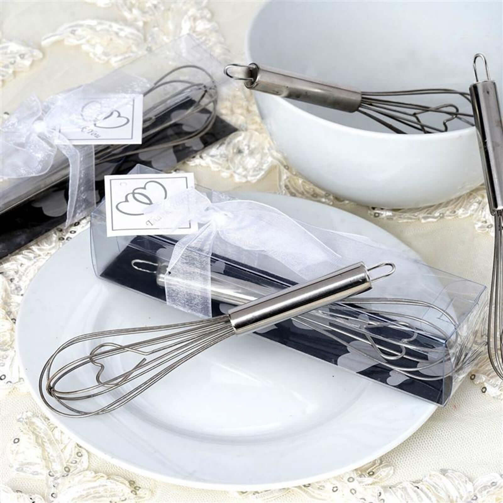 Heart Shaped Stainless Steel Whisk Party Favor With Free Gift Box, Ribbon & Thank You Tag - Linen Luxes