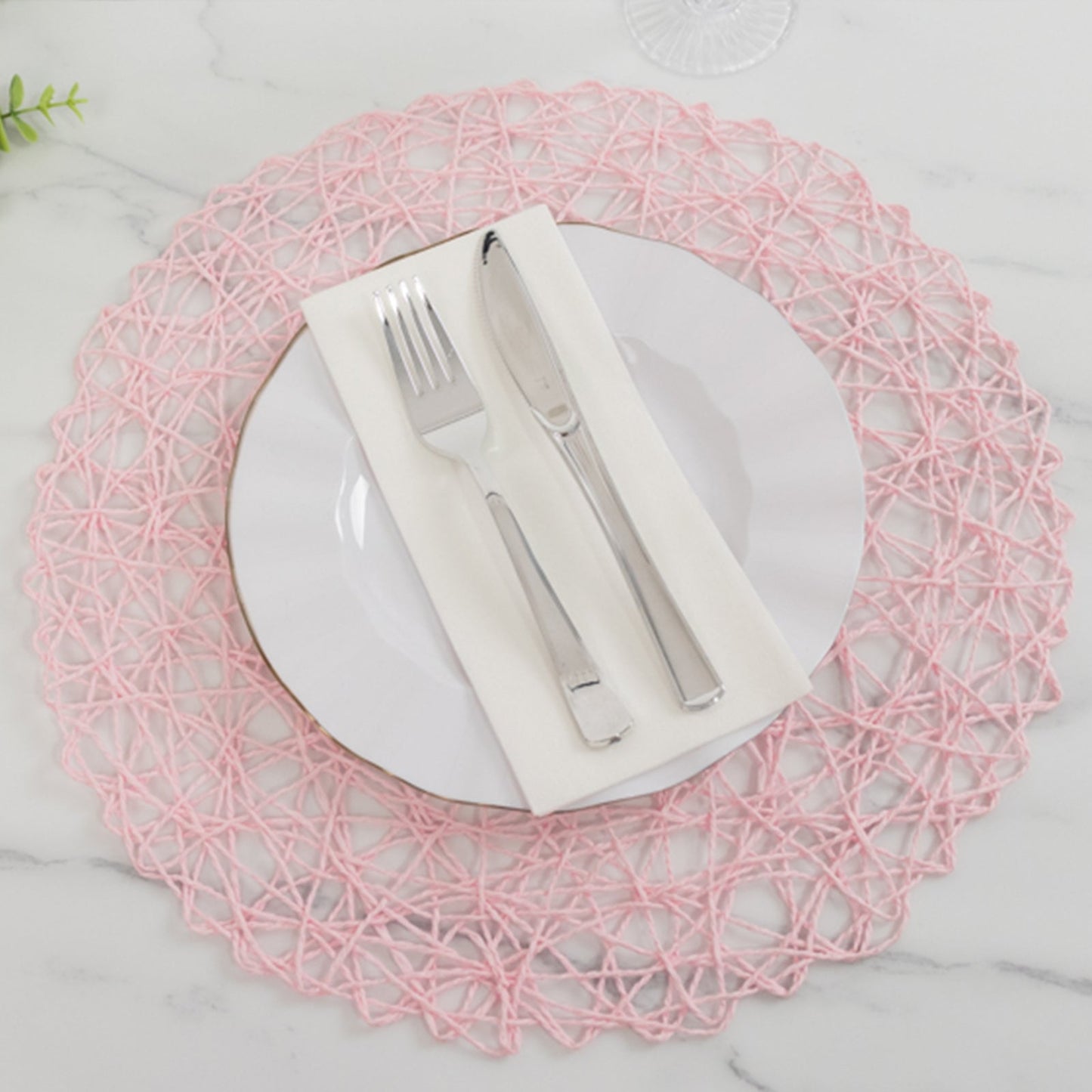 6-Pack Table Placemats Woven Fiber Design Blush Round - Disposable Mats for Dining and Events 15"