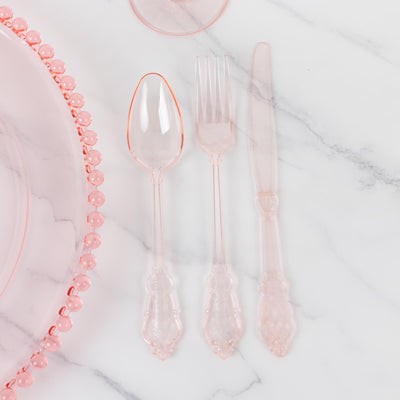 72 Pcs Plastic Silverware Set in Baroque Style Transparent Blush - Heavy Duty Disposable Knife, Fork, and Spoon Set