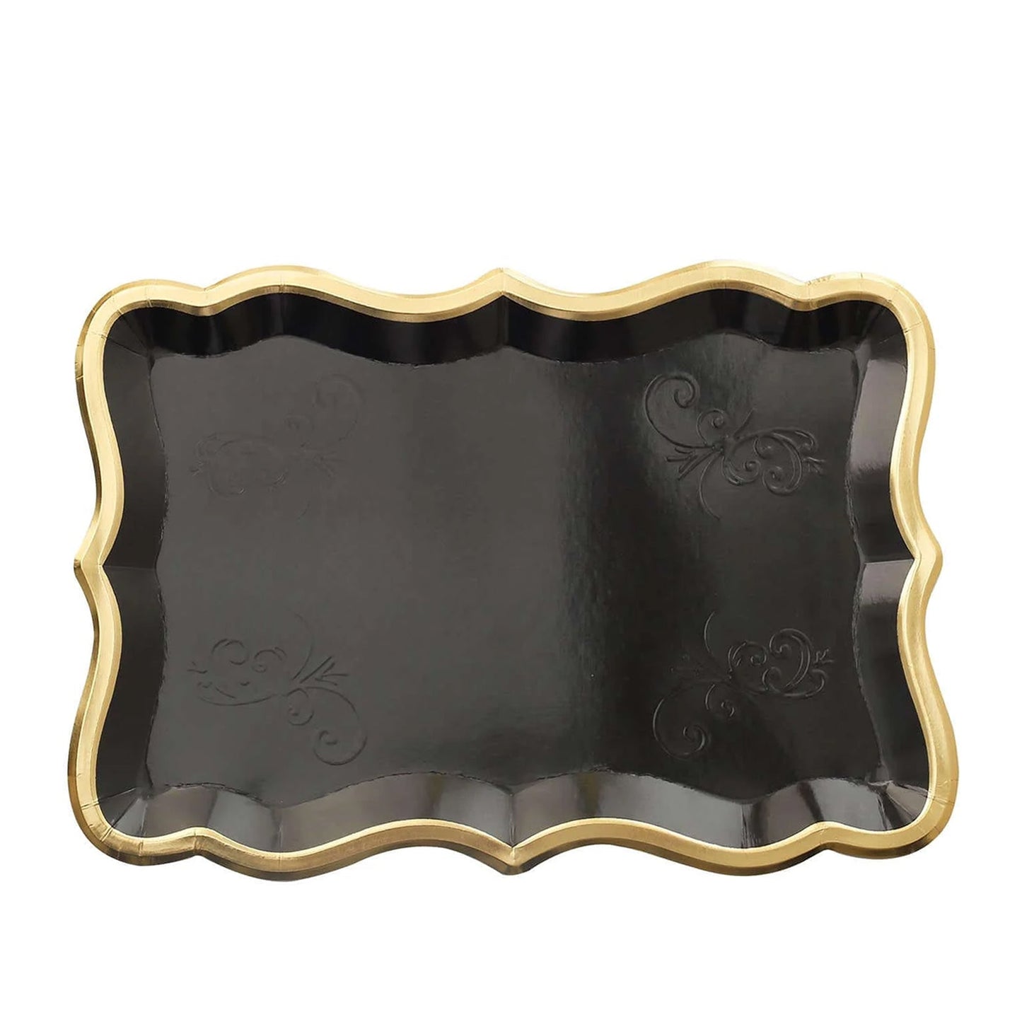 10-Pack Paper 14"x10" Rectangle Serving Trays Black - Heavy Duty Disposable 400GSM Cardboard Party Platters with Exquisite Gold Rim for Weddings & Parties