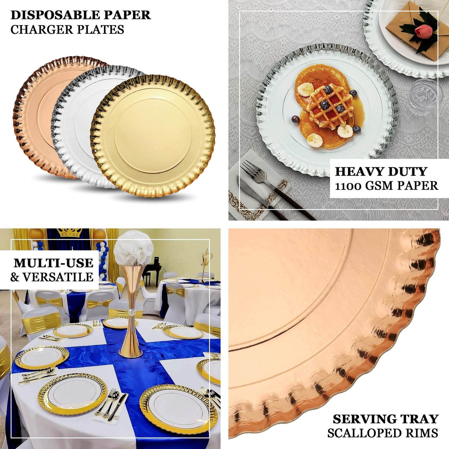 10-Pack Paper 13" Round Charger Plates in Rose Gold with Scalloped Rims - Heavy Duty Disposable 1100GSM Serving Trays