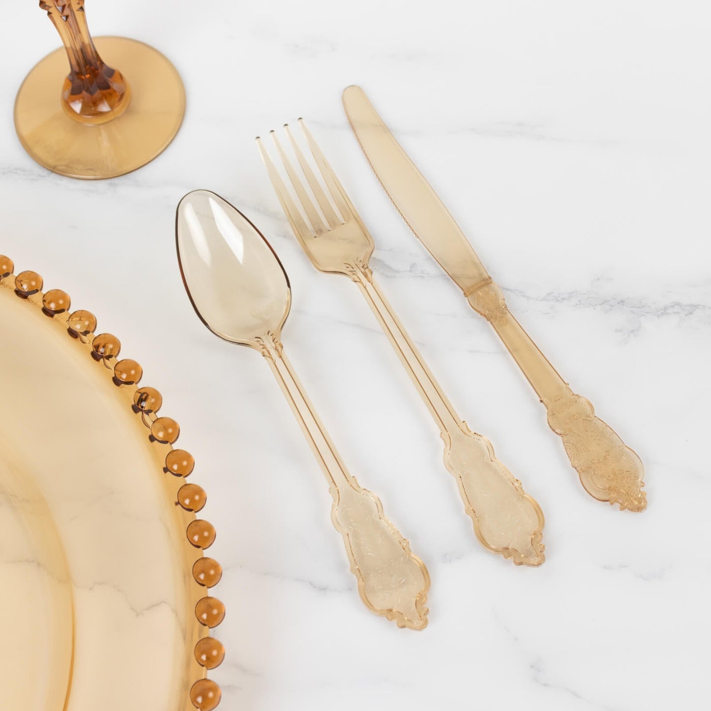 72 Pcs Plastic Silverware Set in Baroque Style Amber Gold - Heavy Duty Disposable Knife, Fork, and Spoon Set