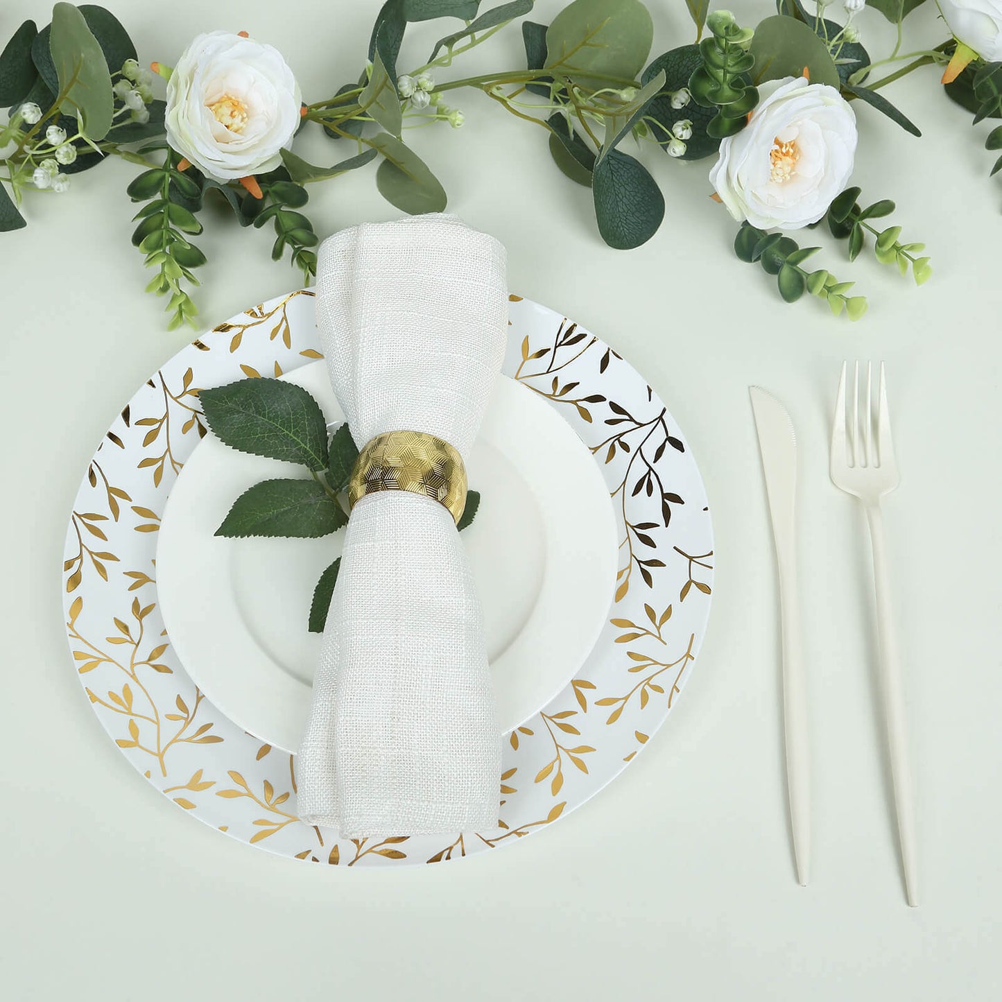10-Pack Plastic 10" Round Dinner Plates in White with Gold Leaf Design - Heavy Duty Disposable Party Plates for Stylish Events & Memorable Gatherings