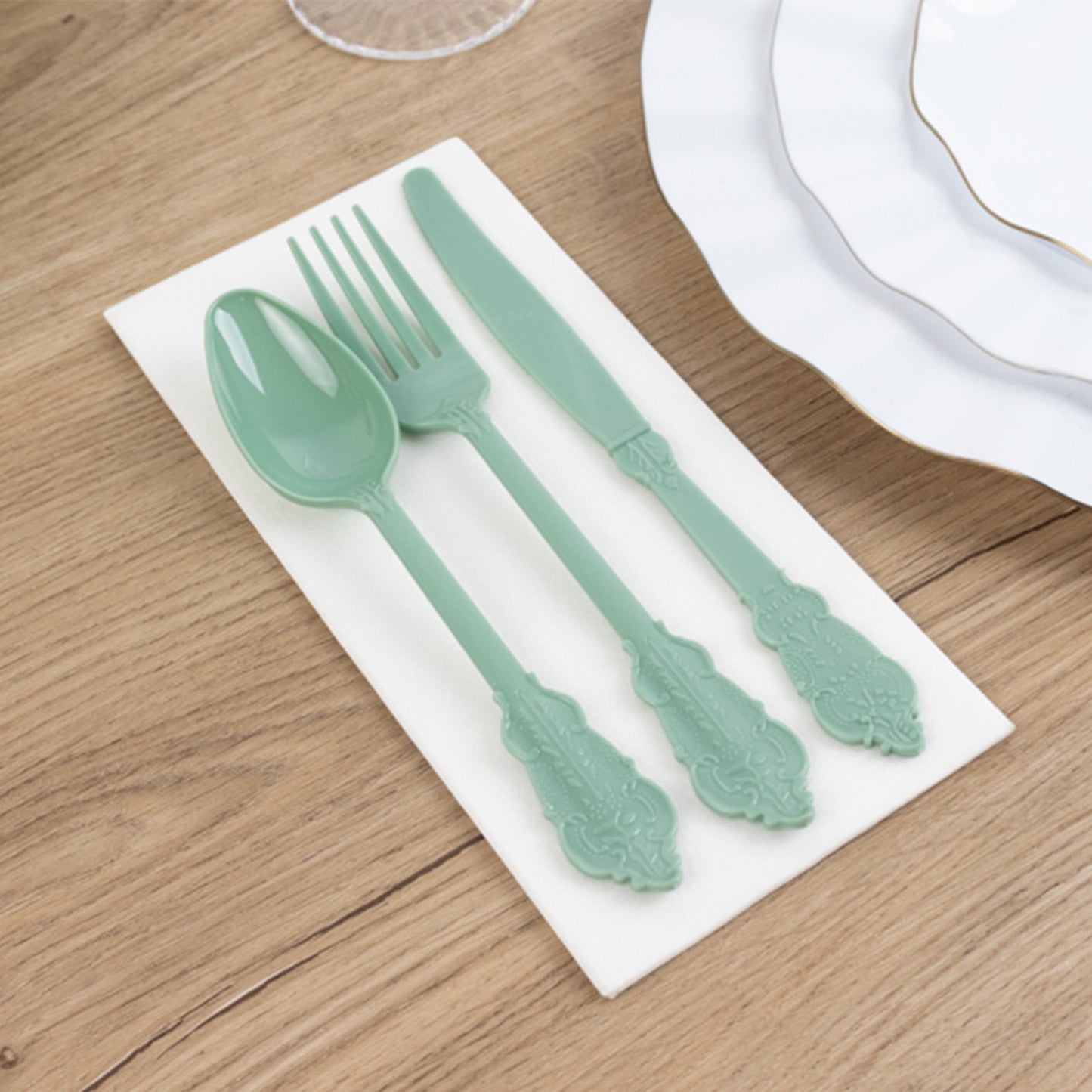 72 Pcs Plastic Silverware Set in Baroque Style Dusty Sage Green - Heavy Duty Disposable Knife, Fork, and Spoon Set