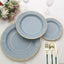 25-Pack Paper 8" Round Dessert Plates in Dusty Blue Sunray Design with Gold Rim - Disposable Heavy Duty 350GSM Appetizer Salad Plates