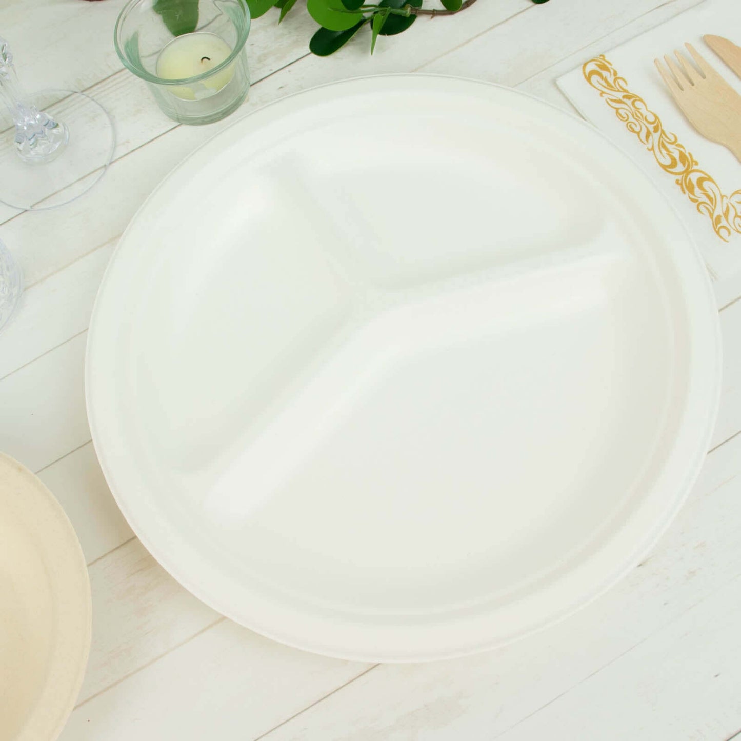 50-Pack Bagasse 10" Round Dinner Plates in White with 3-Compartments - Eco Friendly Biodegradable Sugarcane Divided Plates for Food Trucks Catering & Events