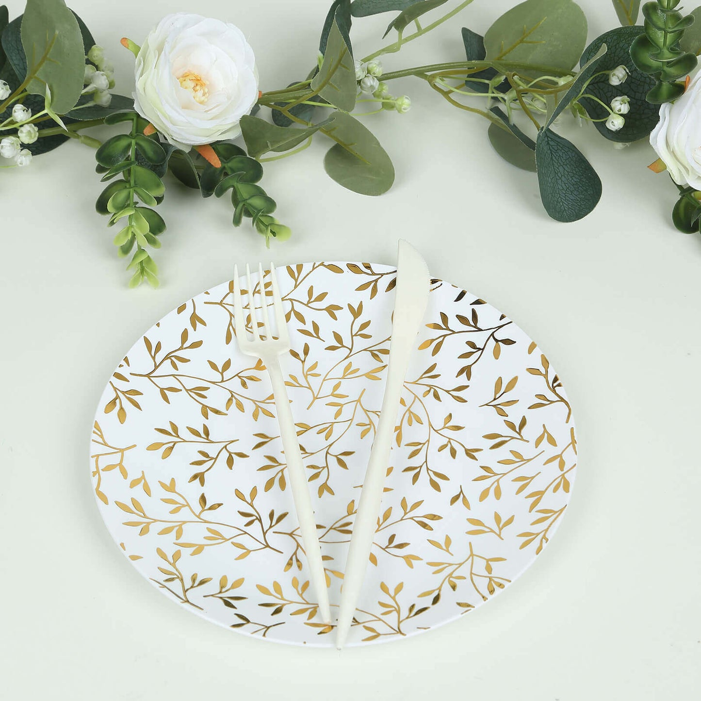 10-Pack Plastic 8" Round Salad Dessert Plates in White with Gold Leaf Design - Heavy Duty Disposable Party Plates for Stylish Events & Memorable Gatherings