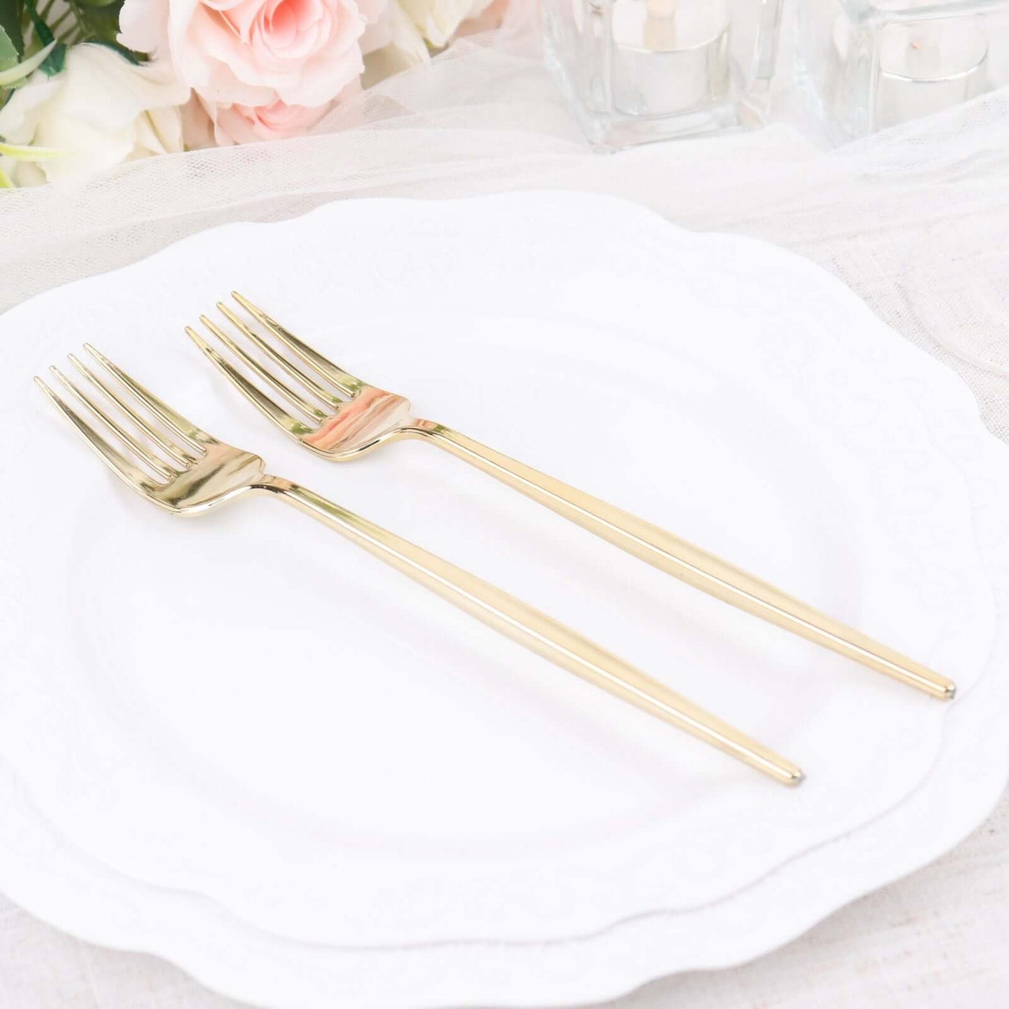 24 Pack 8" Glossy Gold Heavy Duty Plastic Silverware Forks Cutlery, Premium Disposable Sleek Flatware