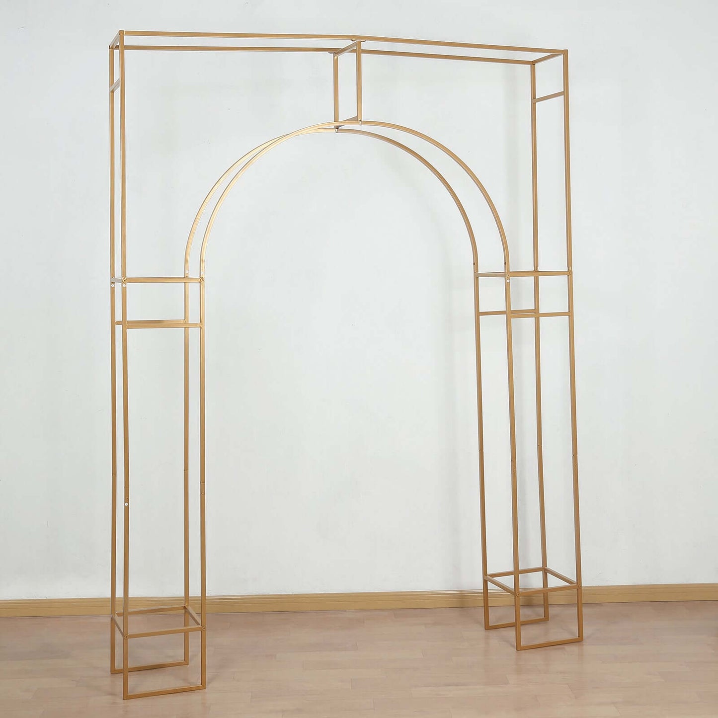 8ft Heavy Duty Gold Metal Rectangular Wedding Arch in Arc de Triomphe Style, 3D Floral Balloon Frame Backdrop Stand