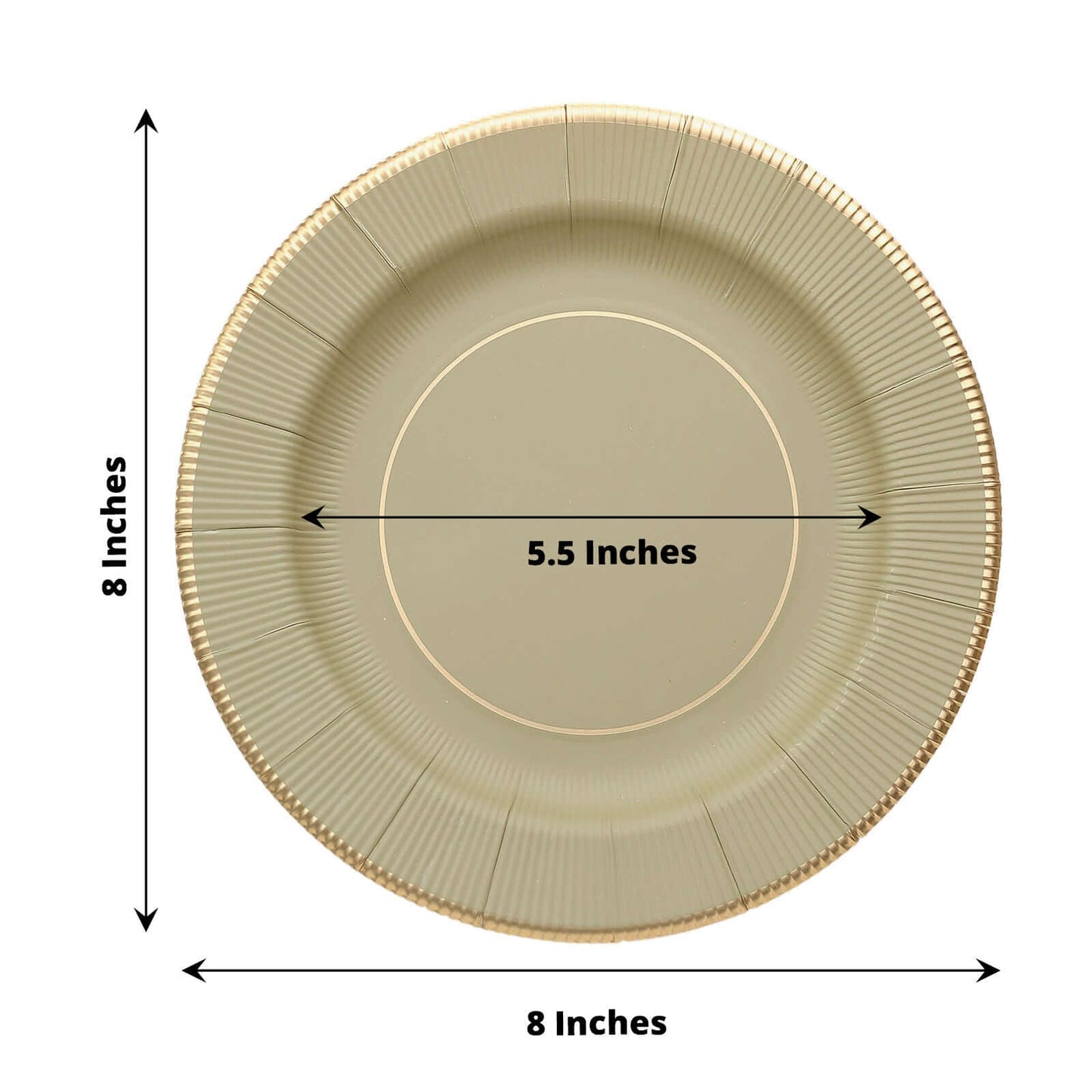 25-Pack Paper 8" Round Dessert Plates in Khaki Sunray Design with Gold Rim - Disposable Heavy Duty 350GSM Appetizer Salad Plates