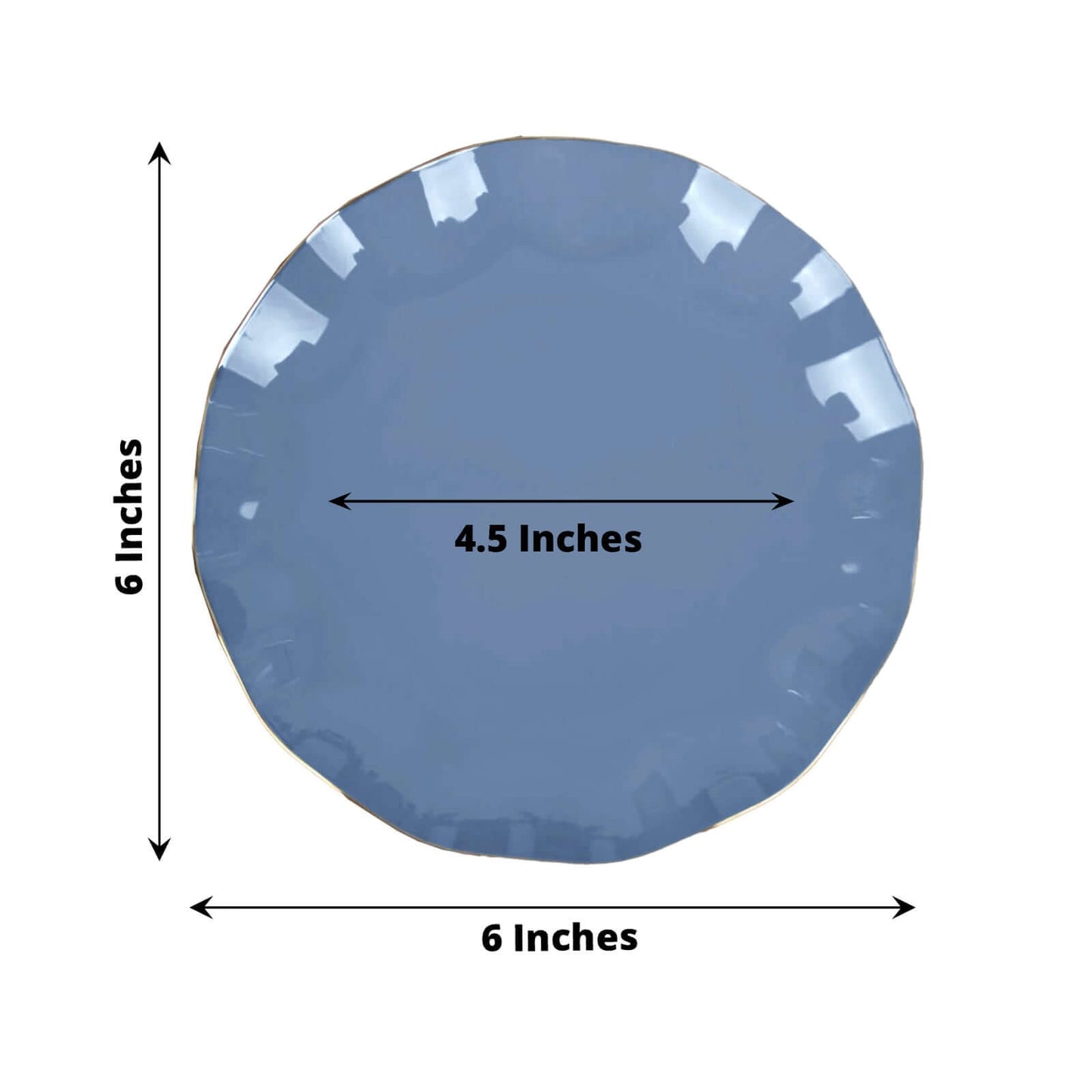 10-Pack Plastic Round 6" Dessert Plates in Ocean Blue Ruffled Rim with Gold Edging - Sturdy Disposable Salad Appetizer Dinnerware
