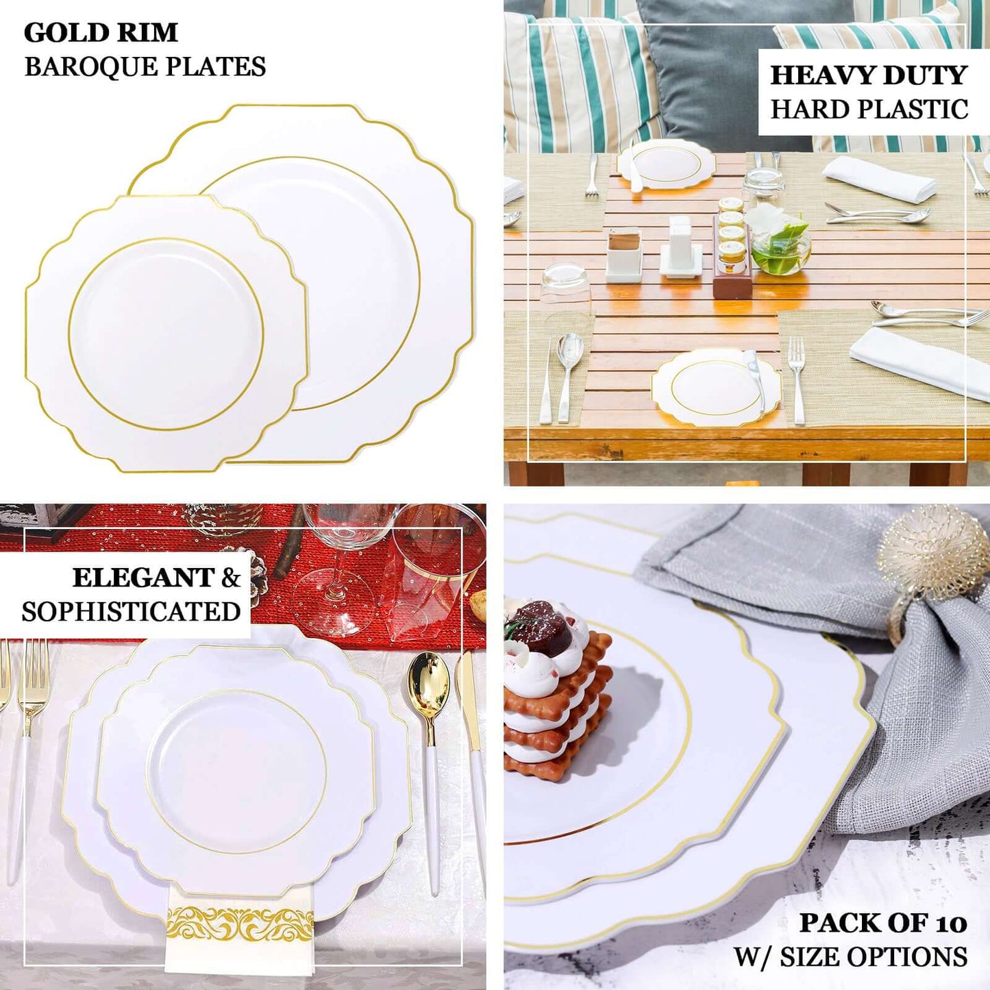 10-Pack Plastic Dessert Appetizer Plates in White Baroque Design with Scalloped Gold Rim - Heavy Duty Disposable Salad Plates for Formal Events & Banquets 8"