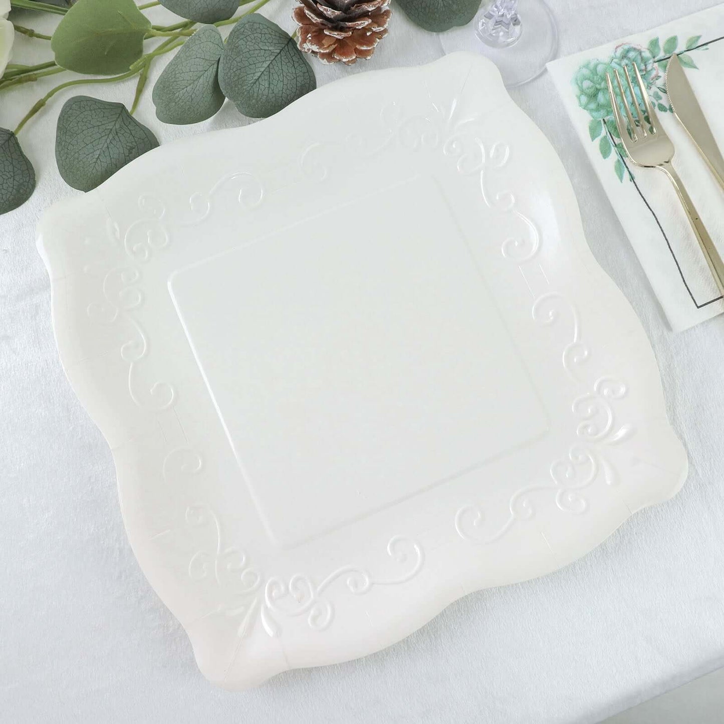 25-Pack Paper 11" Square Dinner Plates in White with Vintage Pottery Embossed Design - Shiny Disposable Serving Plates