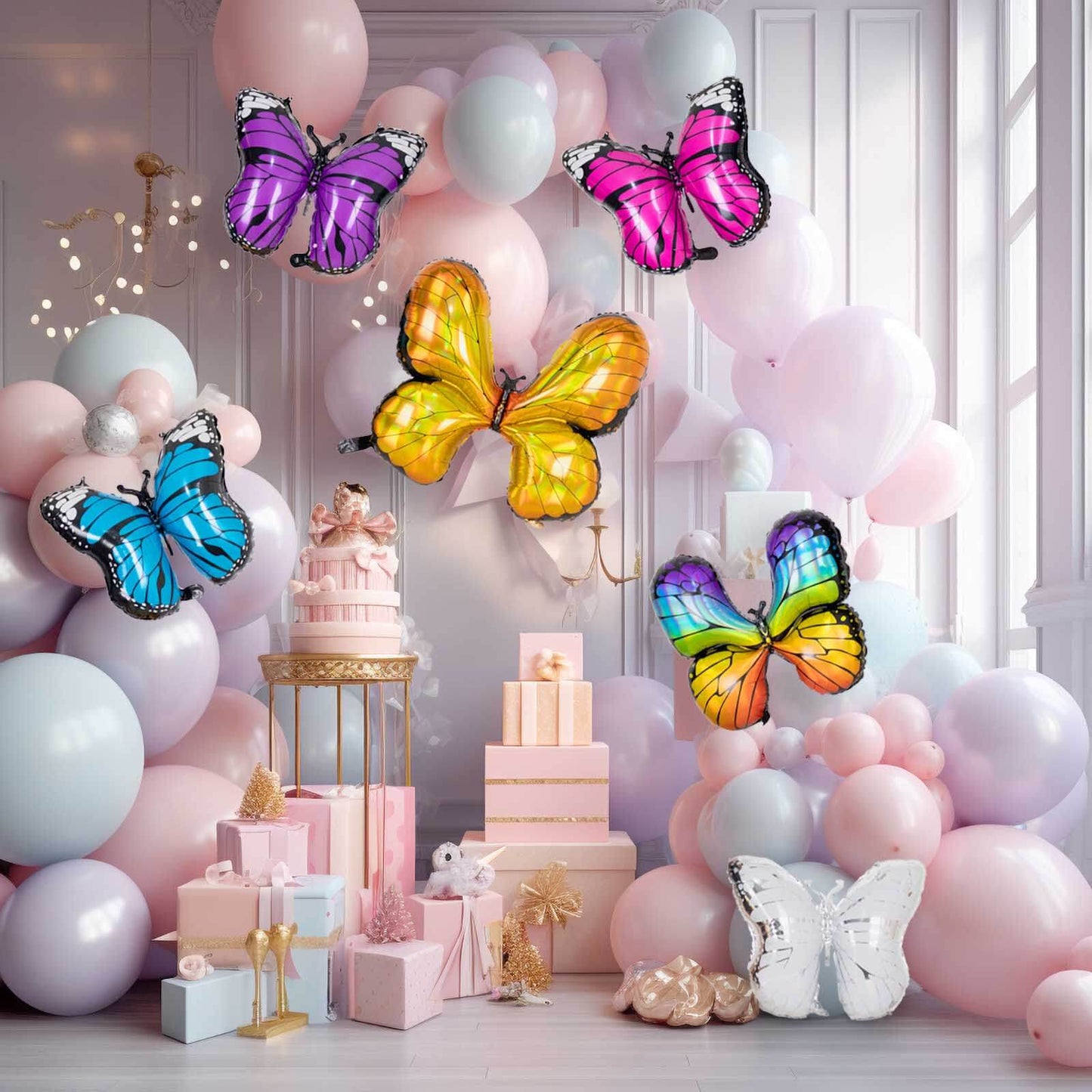 Set of 6 Assorted Butterfly Helium Foil Balloons, Fairy Tale Theme Party Supplies - 21",23",28"