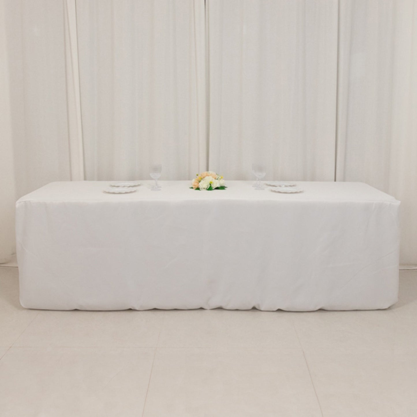 Fire Retardant Premium Polyester 8ft Rectangular Tablecloth White Fitted High-Performance Table Cover for Large Gatherings