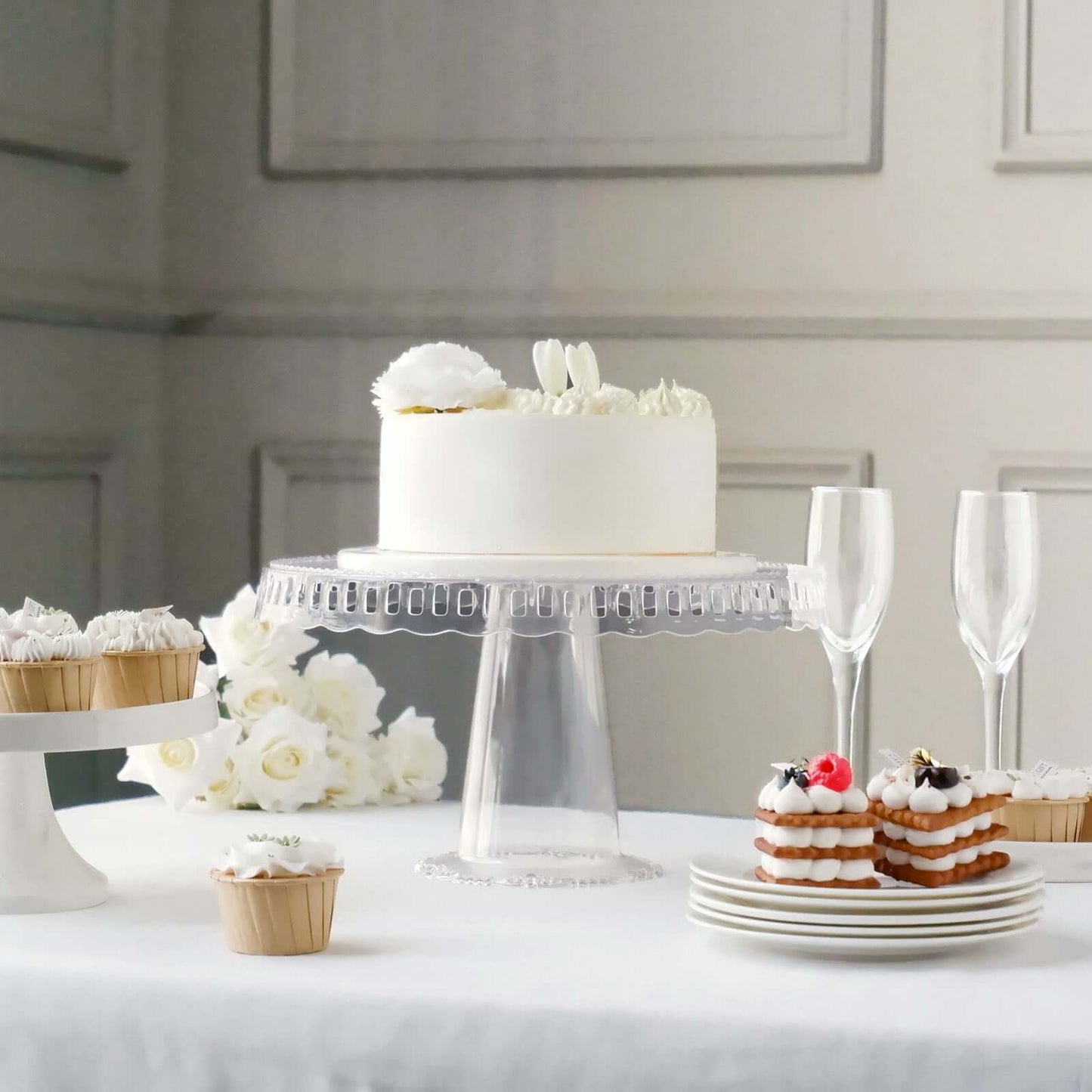 4-Pack Plastic Round Pedestal Cake Stands Clear - Reusable Cupcake Pastry Display Risers with Hollow Ribbon Trim Edges for Stylish Dessert Presentation 13"