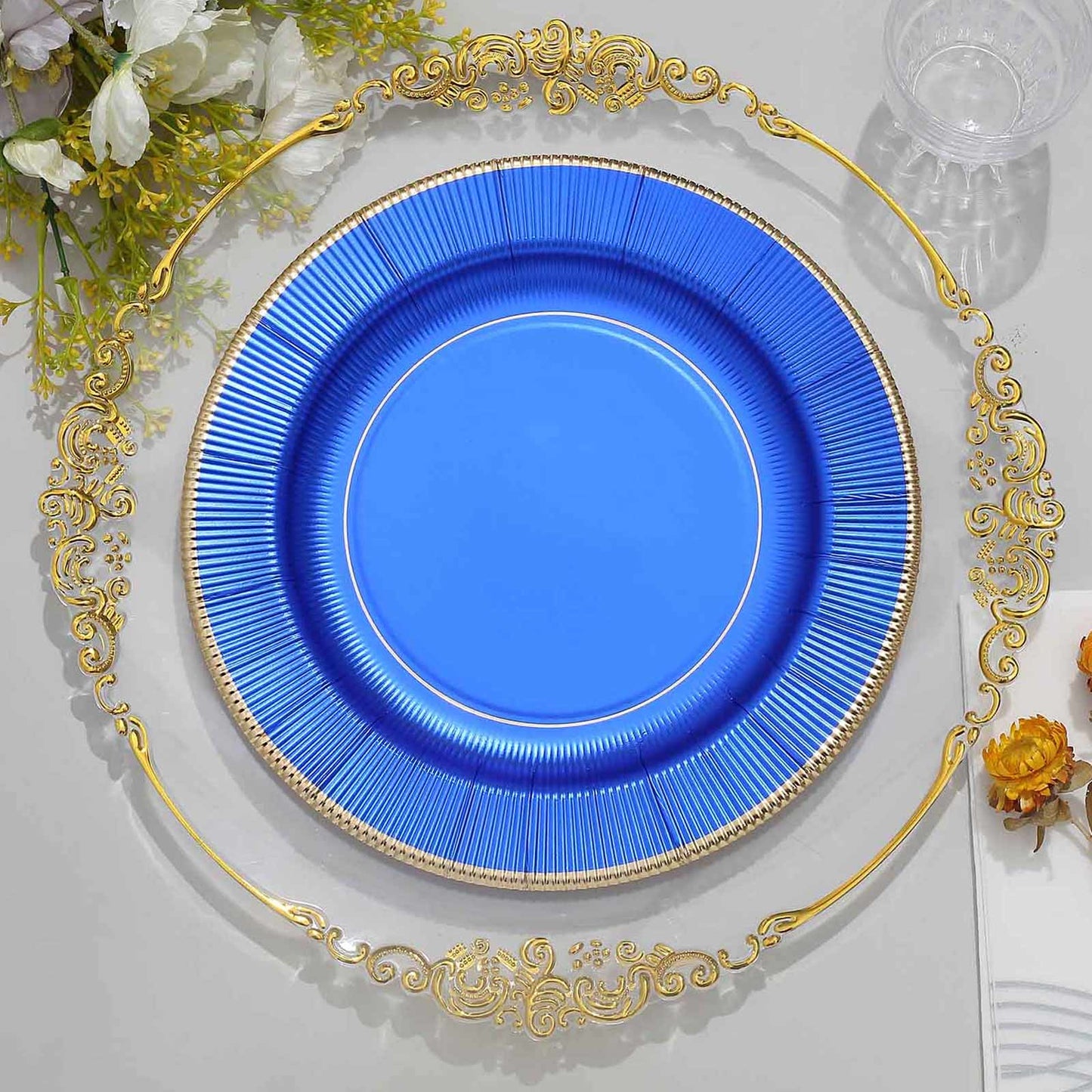 25-Pack Paper 10" Round Dinner Plates in Royal Blue Sunray Design with Gold Rim - Disposable Heavy Duty 350GSM Party Plates