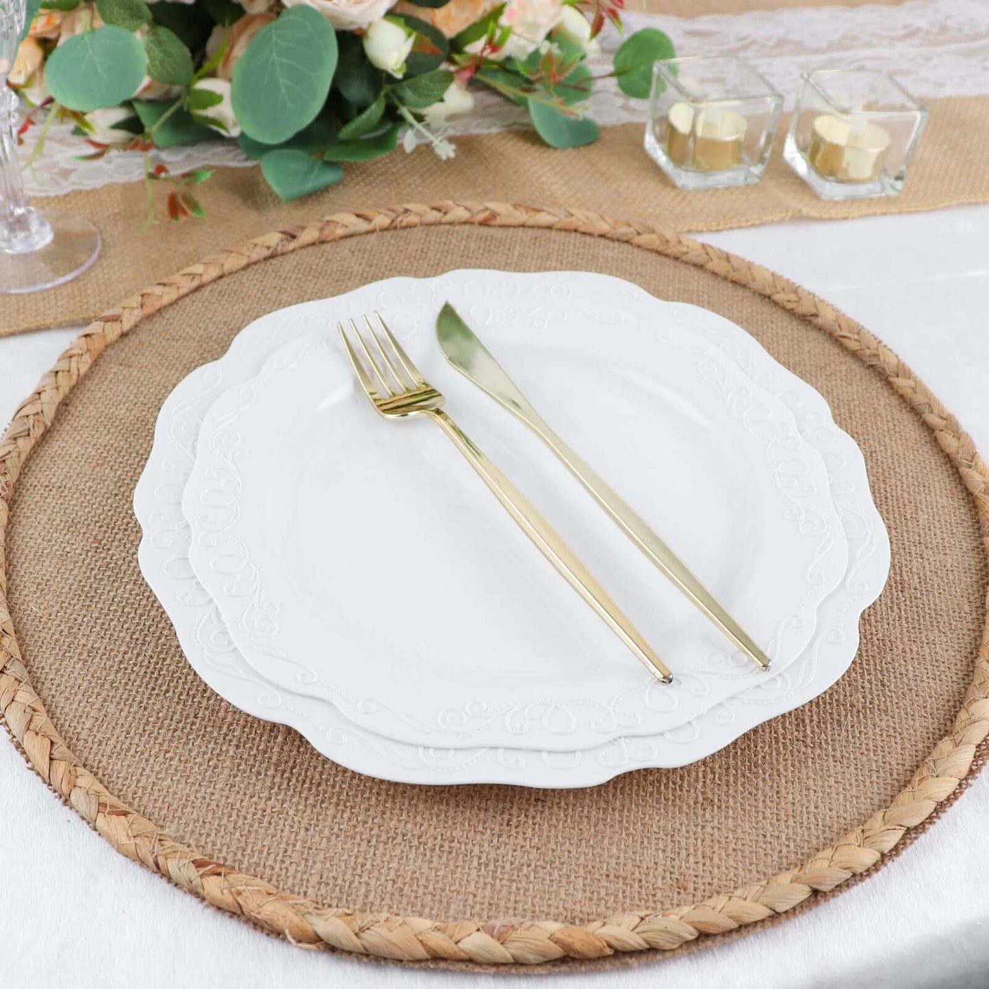4-Pack Placemats Braided Edge Design Natural Burlap Jute Round - Rustic Farmhouse Style with Trim 15"