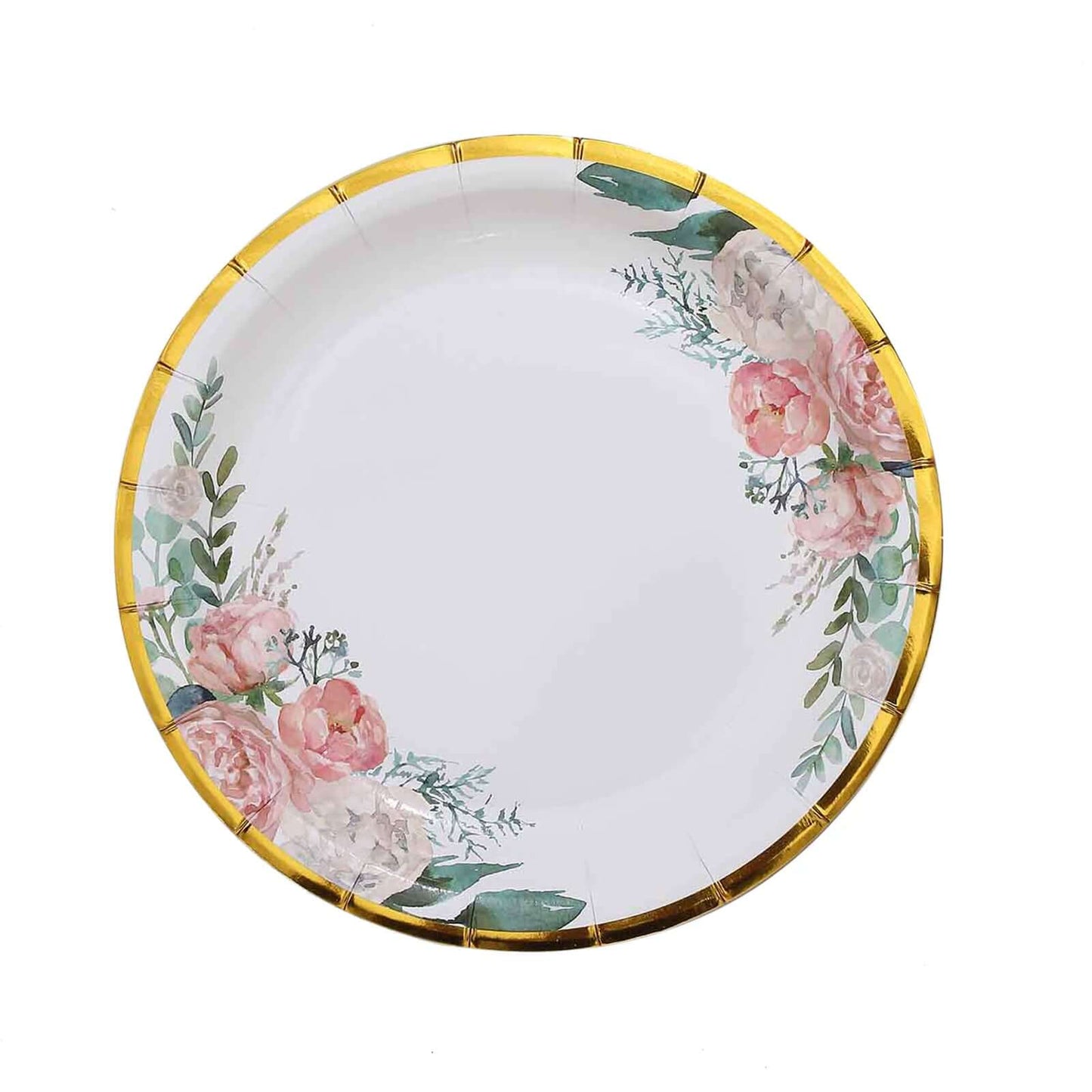 25-Pack Paper 7" Round Dessert Plates in White with Peony Floral Design & Gold Rim - Disposable Floral Salad Appetizer Plates for Brunches & Afternoon Teas