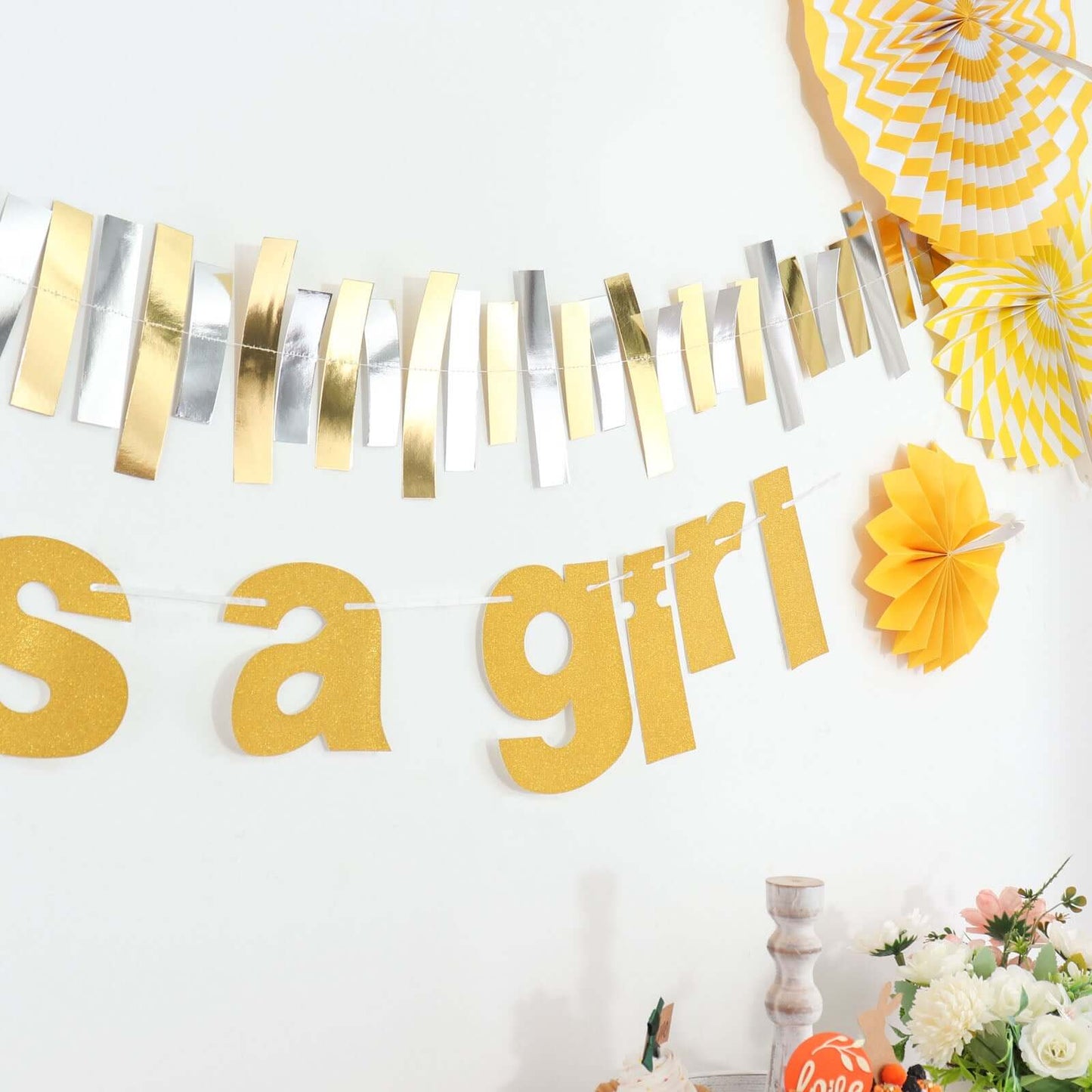 3ft Gold Glittered It's a Girl Paper Hanging Gender Reveal Garland Banner, Baby Shower Banner