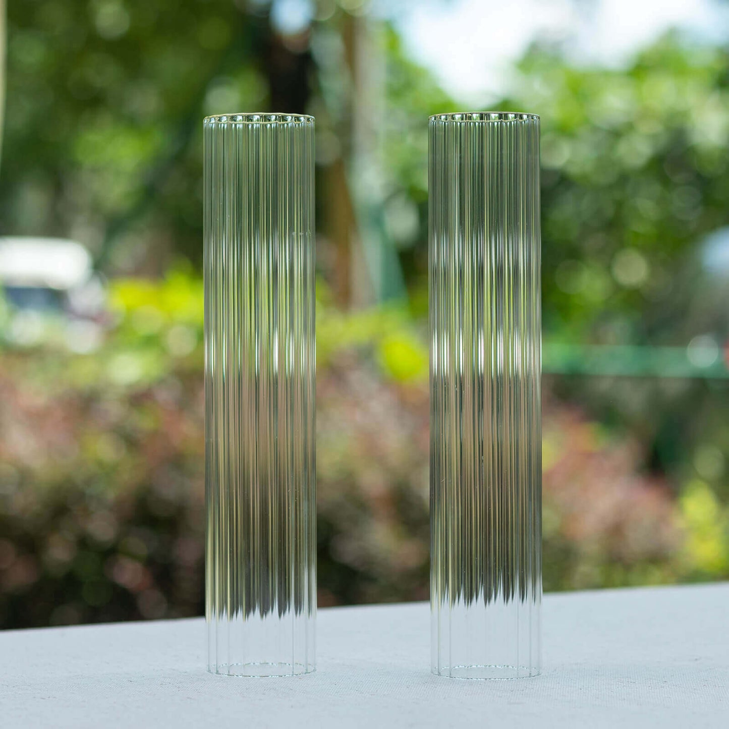 2-Pack Clear Ribbed Glass Hurricane Shades Open End Design - Stylish Candelabra Pillar Candle Holder Table Centerpiece 10"