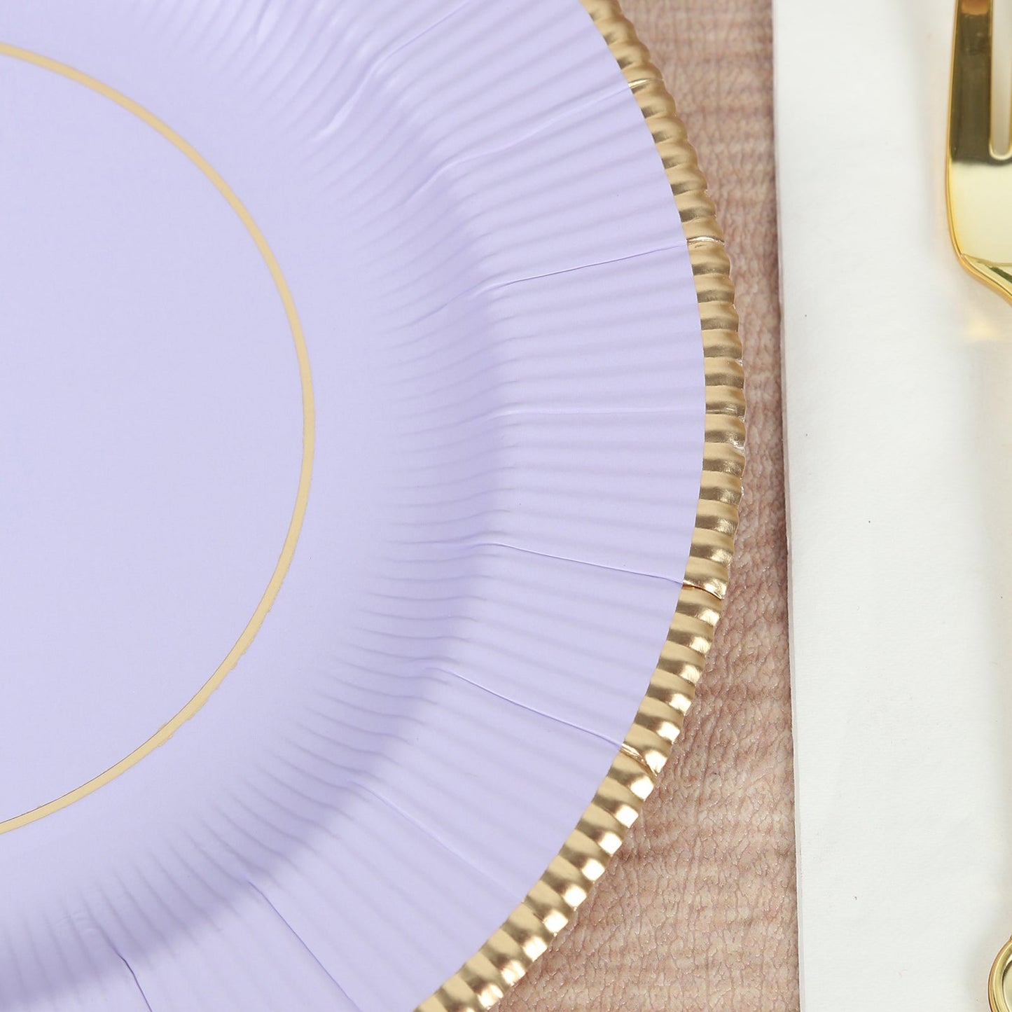 25-Pack Paper 8" Round Dessert Plates in Lavender Lilac Sunray Design with Gold Rim - Disposable Heavy Duty 350GSM Appetizer Salad Plates