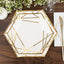 25-Pack Paper 7" Hexagon Dessert Plates in White with Gold Geometric Lines & Rim - Stylish Disposable Geometric 300GSM Appetizer Salad Plates for Events & Banquets