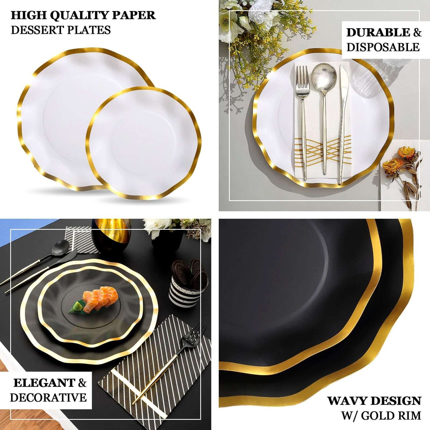 25-Pack Paper Round Dinner Plates 10" Matte Black with Gold Wavy Rim - Disposable 350GSM Party Plates