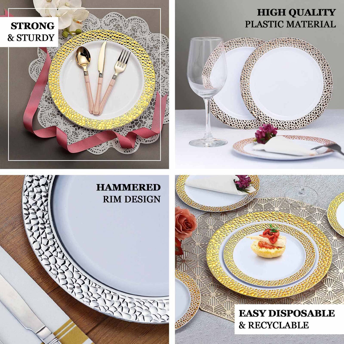 10-Pack Plastic 10" Round Dinner Plates in Clear Hammered Design with Gold Rim - Disposable Party Plates for Chic Banquets & Special Occasions