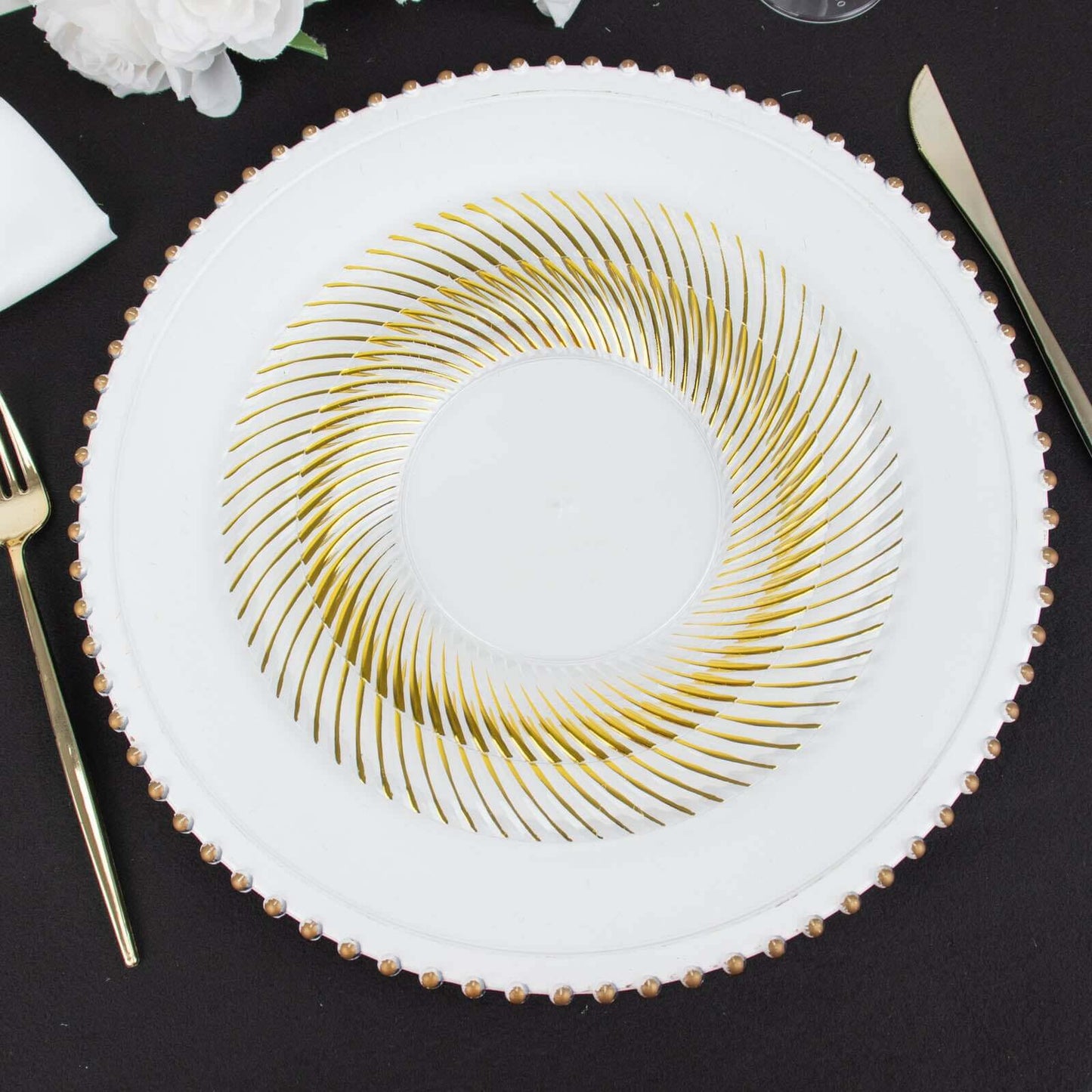 10-Pack Plastic 7" Round Dessert Plates in Clear with Gold Swirl Rim