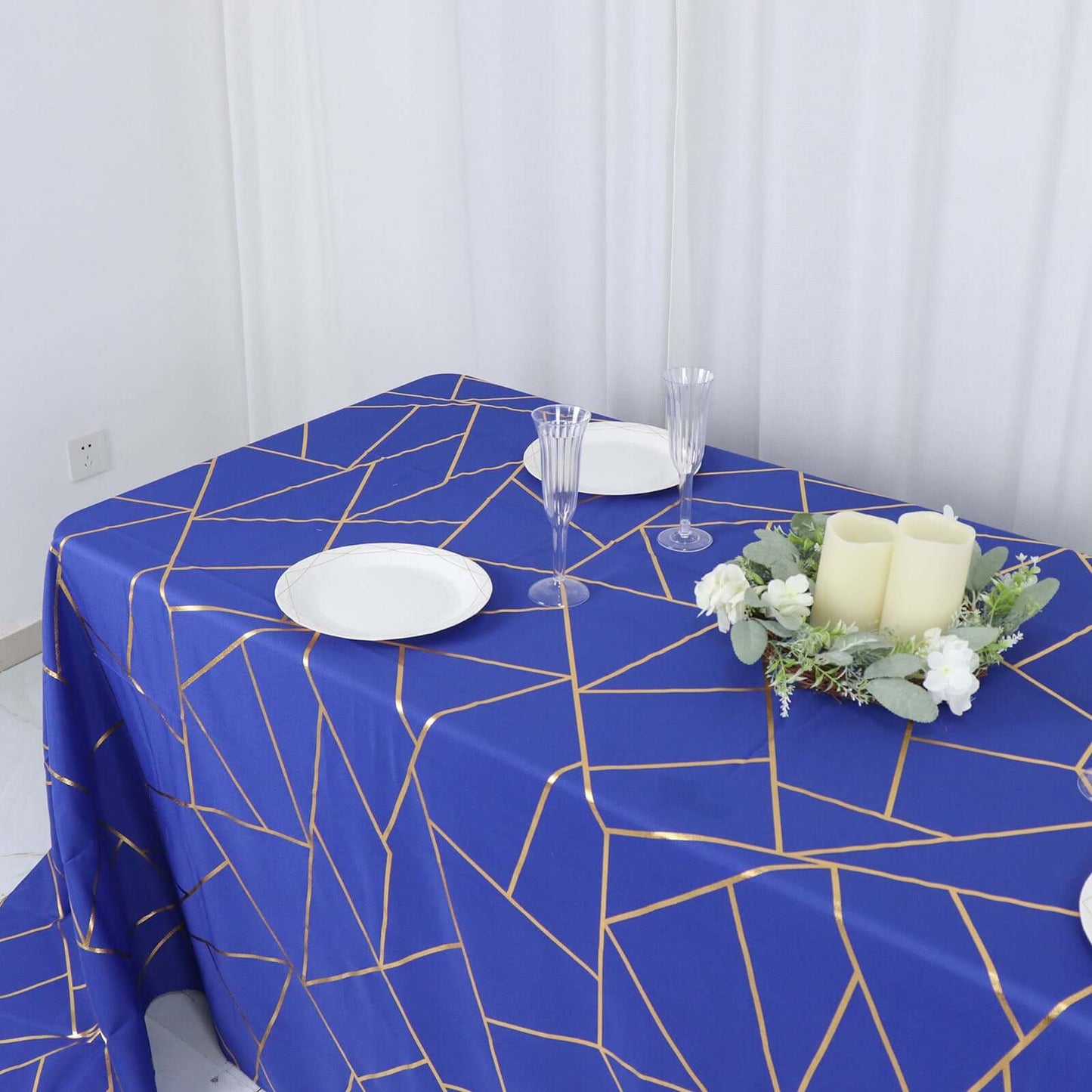 Polyester 90"x132" Rectangle Tablecloth Royal Blue with Gold Foil Geometric Pattern - Wrinkle-Resistant Seamless Table Cover