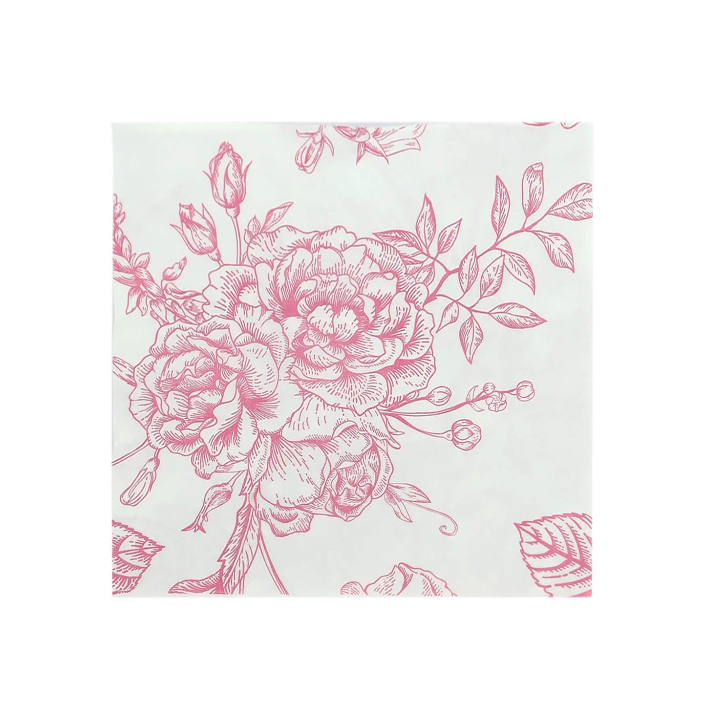 50 Pack 2-Ply Paper Beverage Napkins in Matte Pink and White French Toile Floral Pattern, Highly Absorbent Soft Disposable Cocktail Napkins