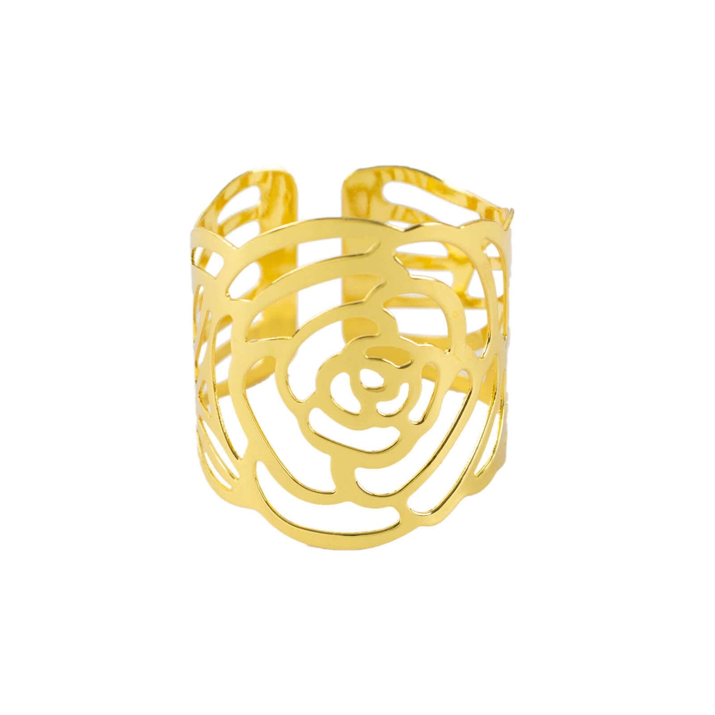 4 Pack Shiny Gold Laser Cut Rose Round Metal Napkin Rings, Decorative Flower Napkin Holders