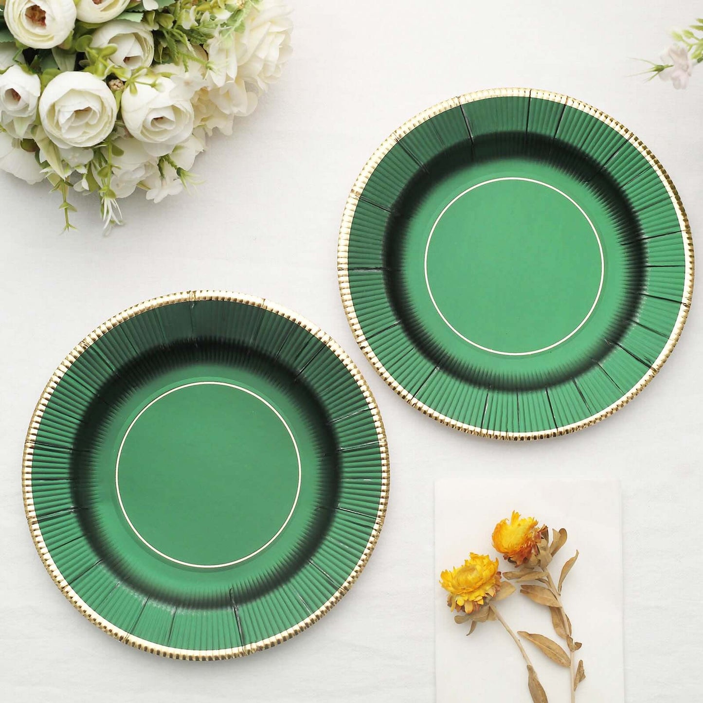 25-Pack Paper 8" Round Dessert Plates in Hunter Emerald Green Sunray Design with Gold Rim - Disposable Heavy Duty 350GSM Appetizer Salad Plates