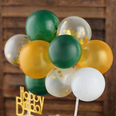 14 Pcs Balloon Cake Topper Clear, Gold, Hunter Green and White - Whimsical Clustered Mini Garland Cake Inserts DIY Party Decorations
