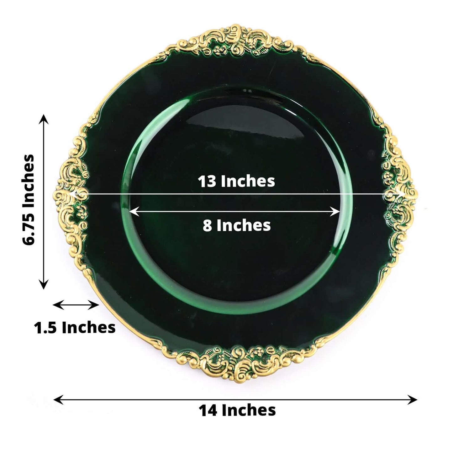 6-Pack Acrylic Round Charger Plates 13" in Hunter Emerald Green with Gold Embossed Baroque Rim, Antique Decorative Dinner Party Charger Tableware