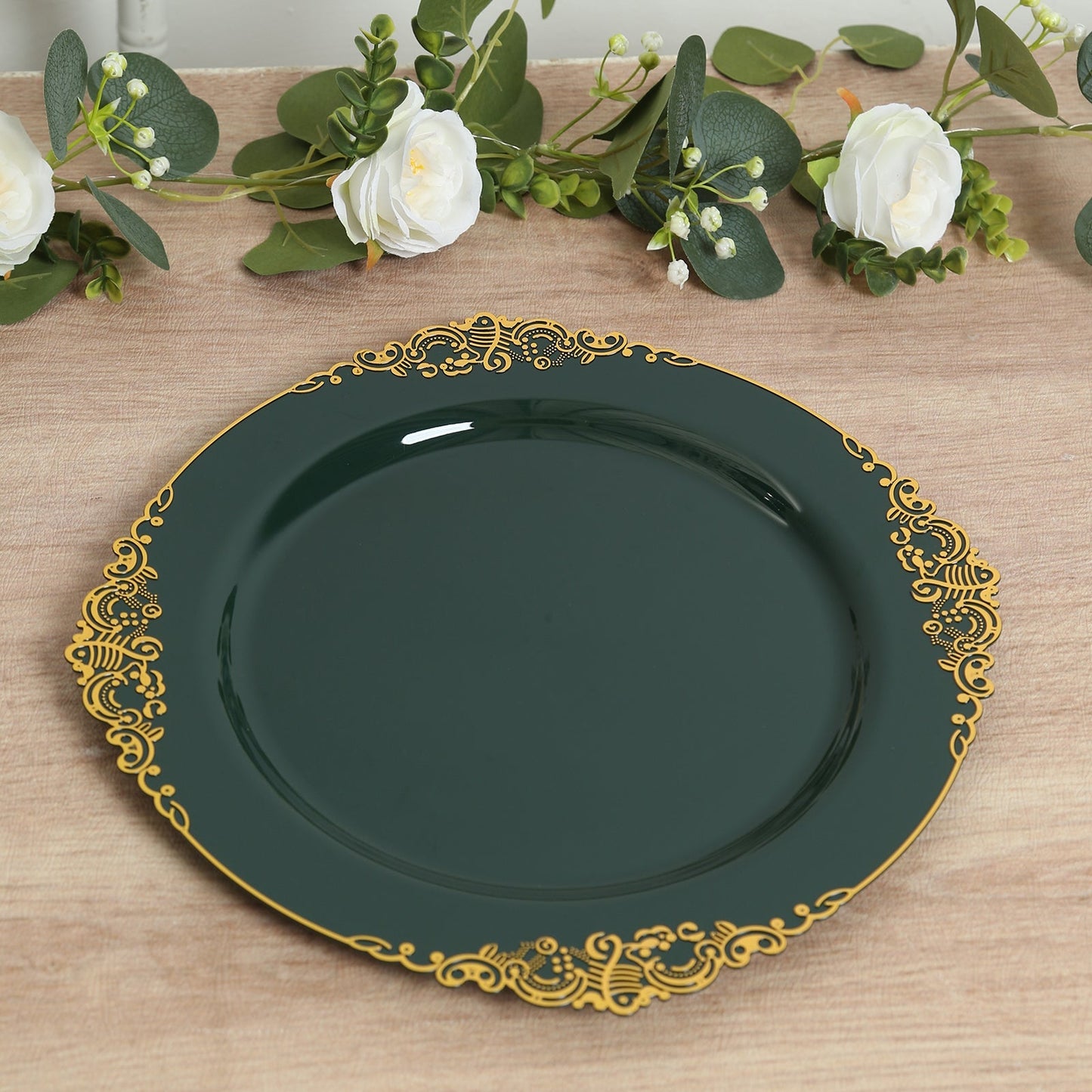 20-Pack Economy Plastic Round Charger Plates 13" in Hunter Emerald Green with Gold Embossed Baroque Rim, Stylish Dinner Party Serving Plates