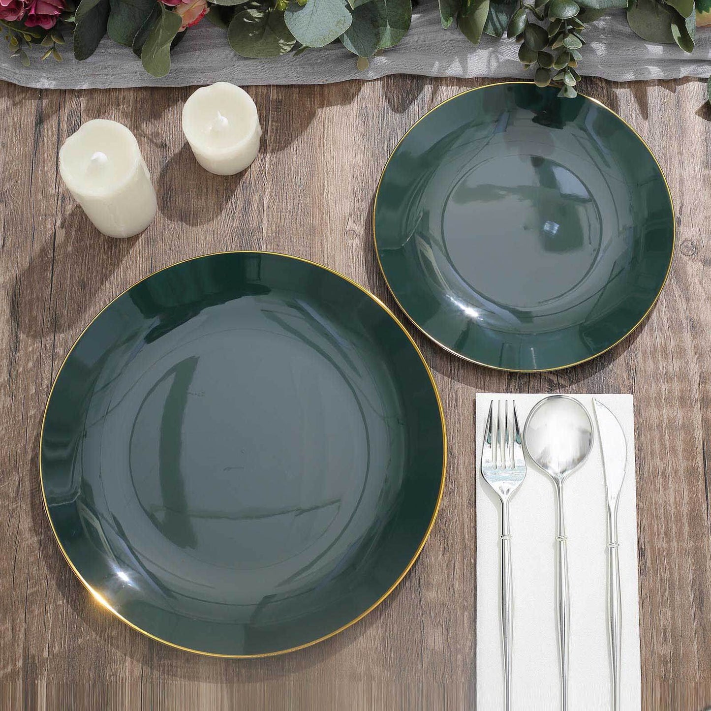 10-Pack Plastic 8" Round Dessert Plates in Hunter Emerald Green with Gold Rim - Glossy Disposable Appetizer Salad Plates
