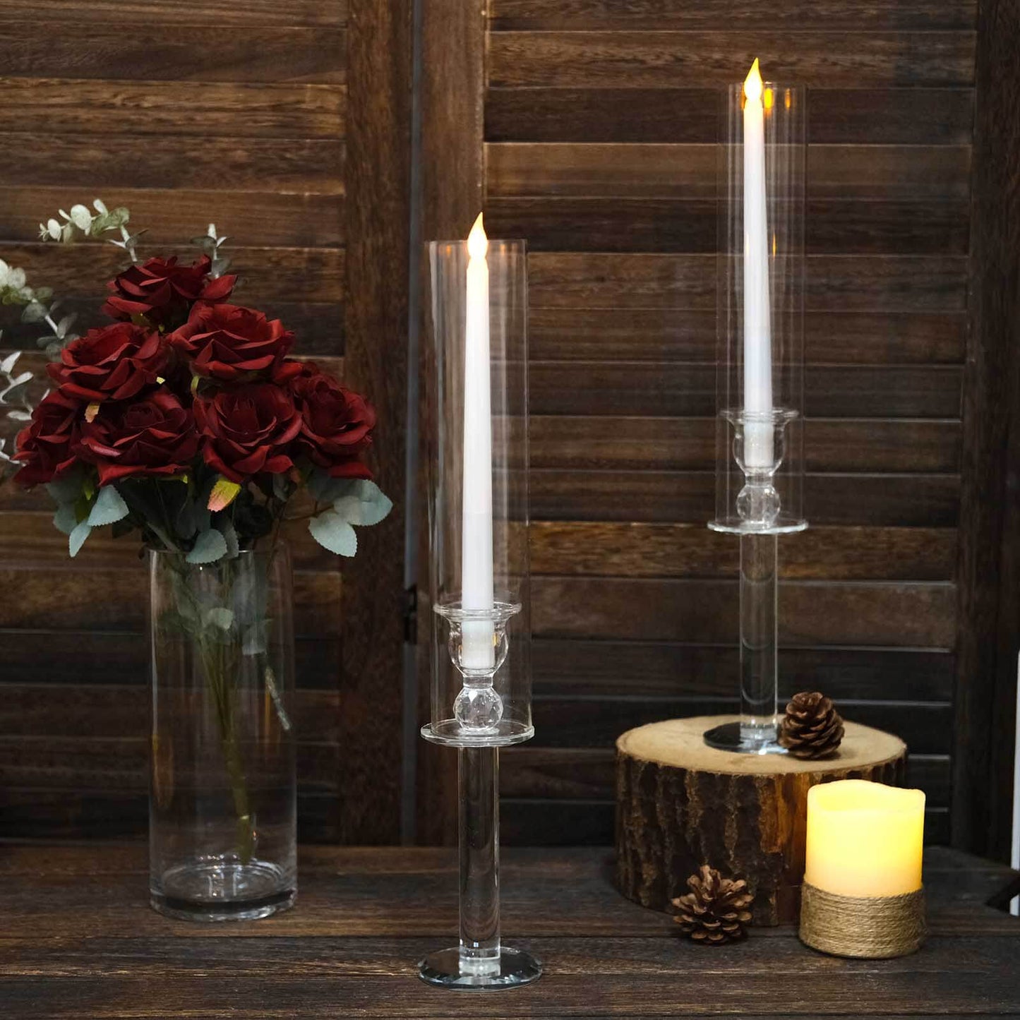 2-Pack Crystal Glass Hurricane Taper Candle Holders, Tall Decorative Candle Stands Clear Cylinder Chimney Tubes 18"