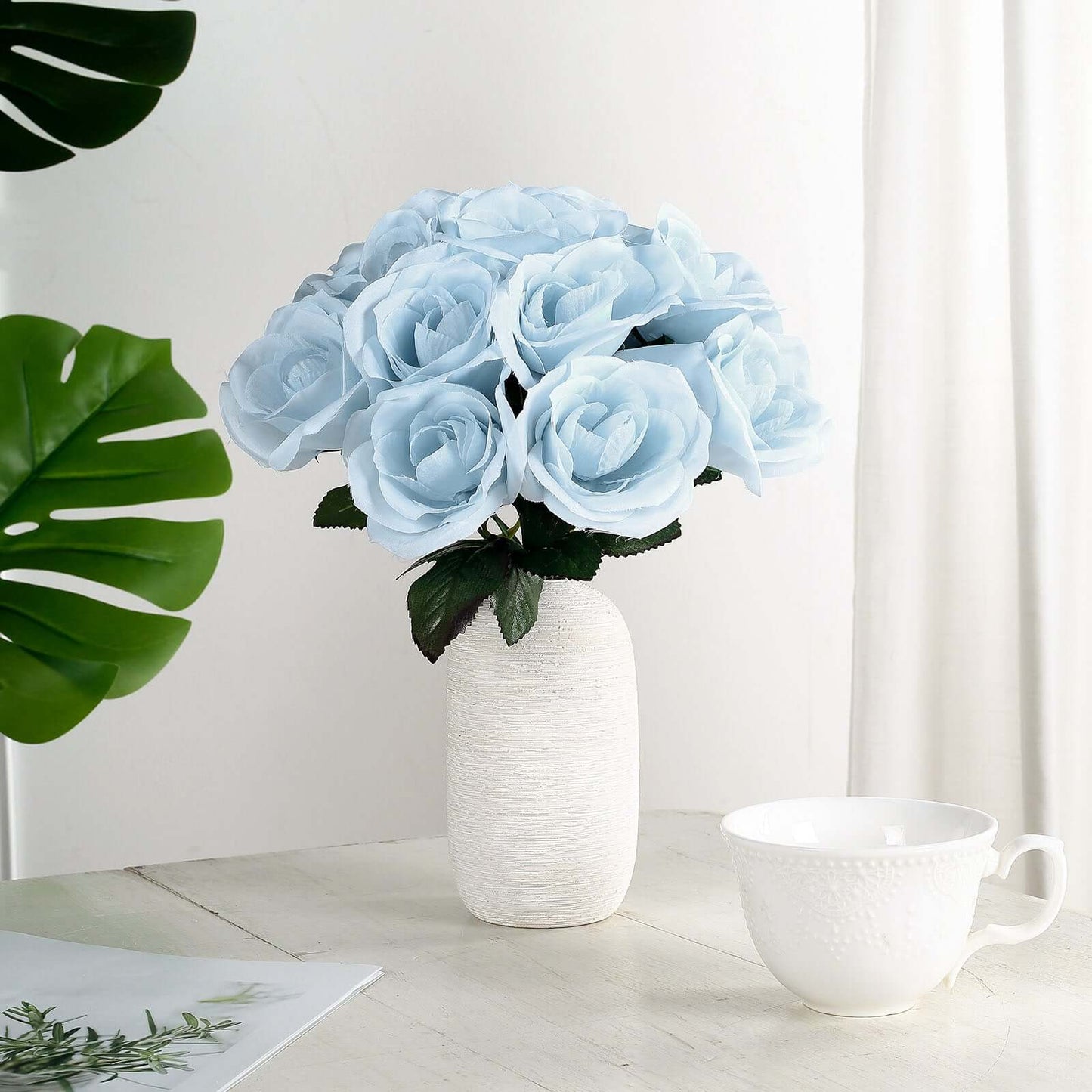 12" Ice Blue Artificial Velvet-Like Fabric Rose Flower Bouquet Bush