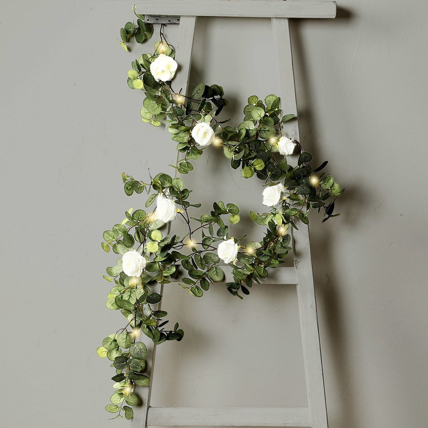 6ft Lighted Eucalyptus Garland with Ivory Roses & Battery-Operated Fairy Lights â€“ Faux Greenery Vine