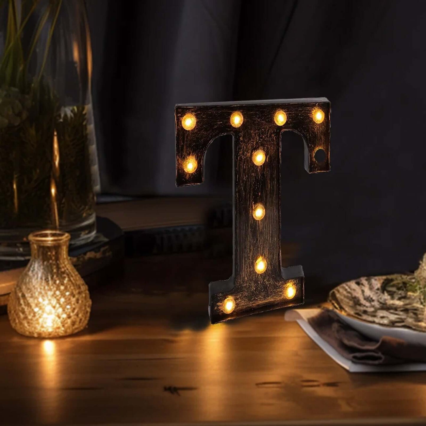 LED Marquee Letter "T" Industrial Style Antique Black - Light-Up Alphabet Sign for Weddings & Displays 9"