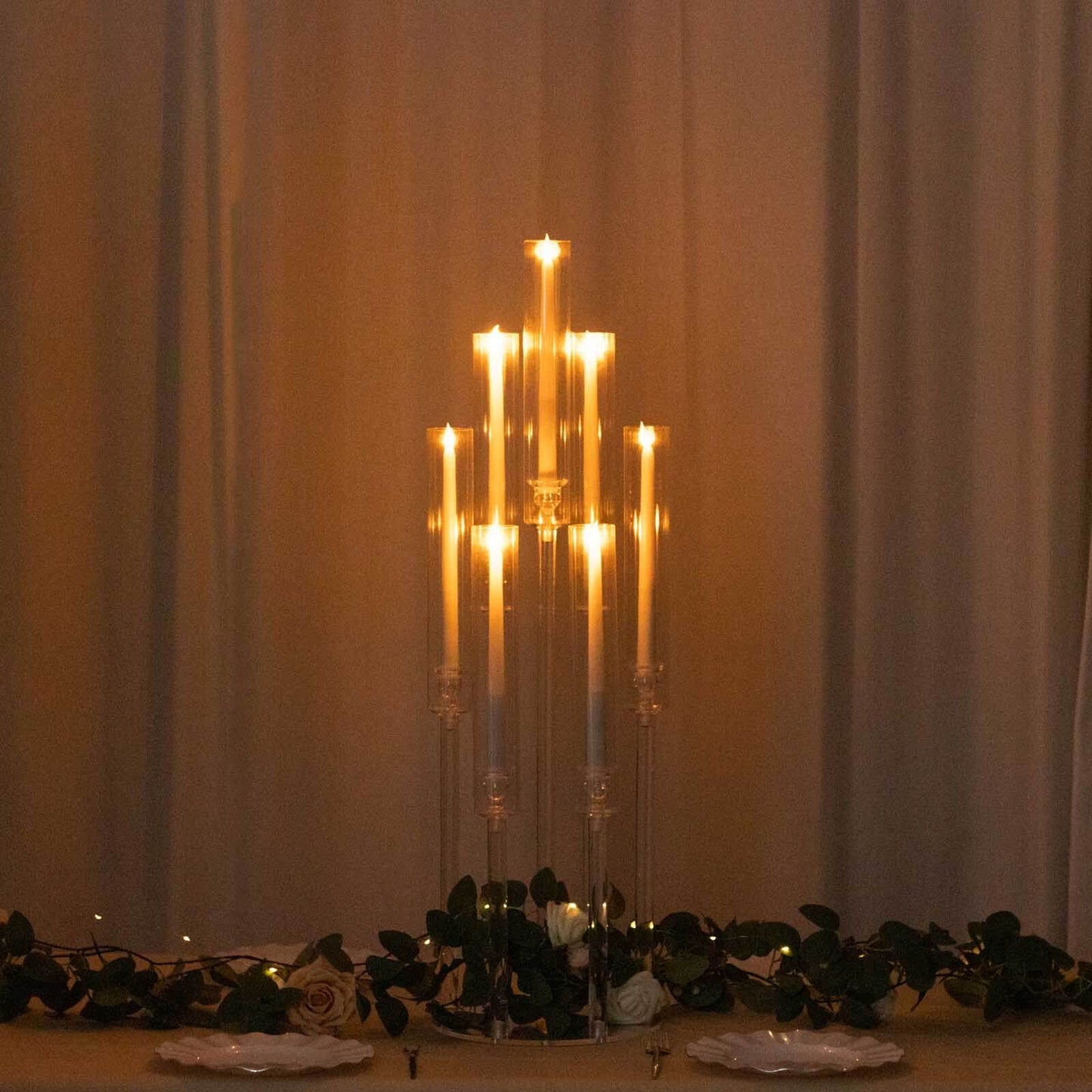 7-Arm Round Cluster Acrylic Candelabra Clear with Circular Base - Sleek Taper Candle Holder Table Centerpiece for Pillar Candles 33"