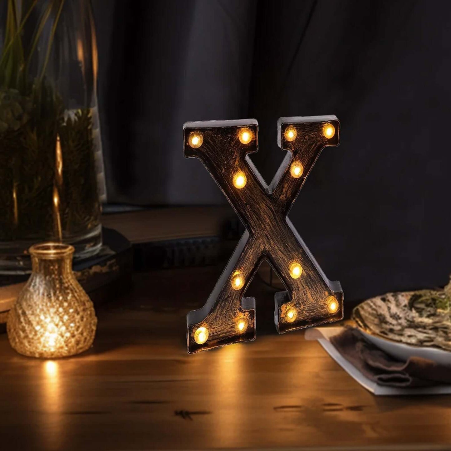 LED Marquee Letter "X" Industrial Style Antique Black - Light-Up Alphabet Sign for Weddings & Displays 9"