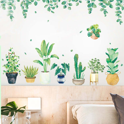 Green Tropical Potted Plants Planters with Hanging Leaves Wall Decals, Peel and Stick Decor Stickers