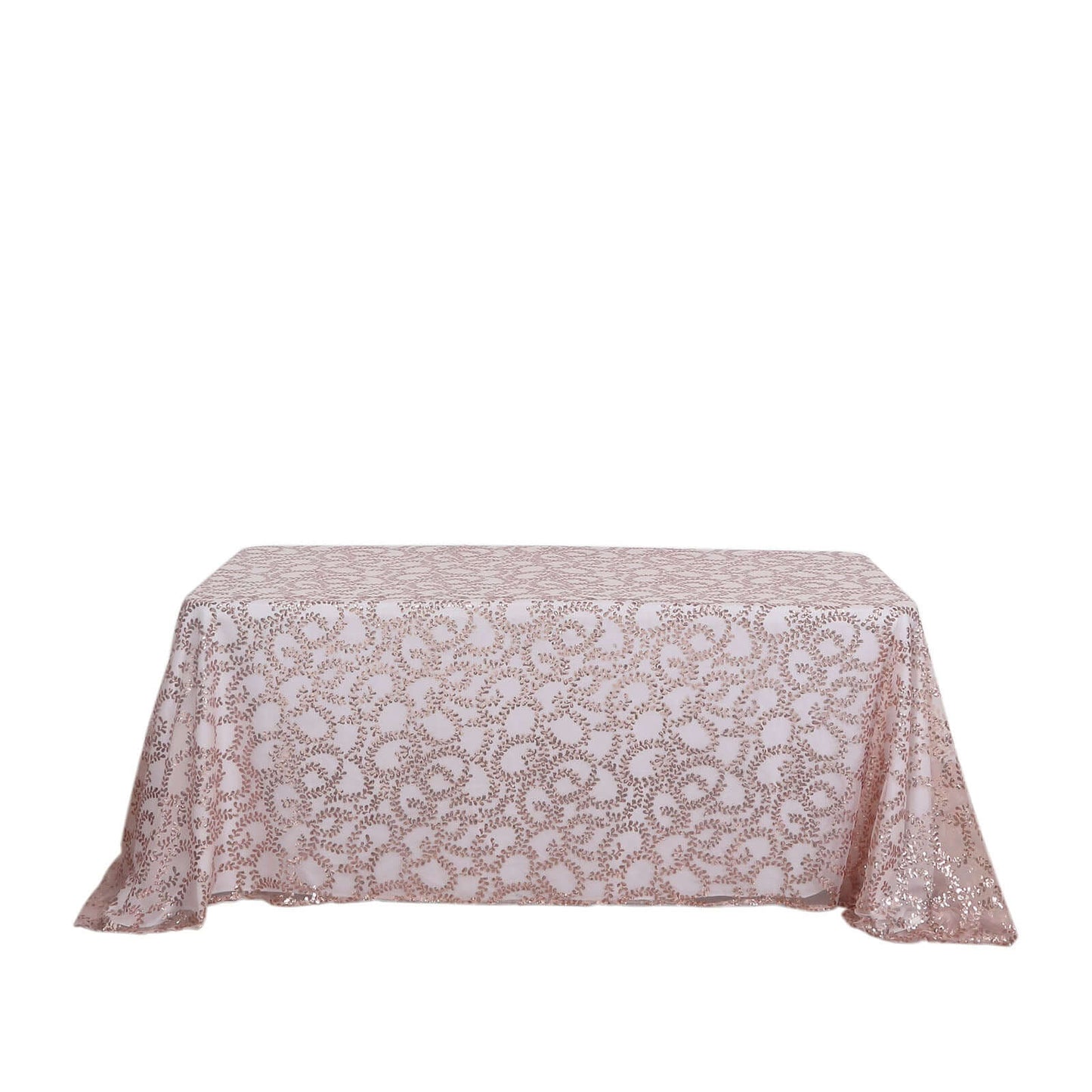 Tulle 90"x156" Rectangle Tablecloth Rose Gold - Sequin Leaf Embroidered Table Cover